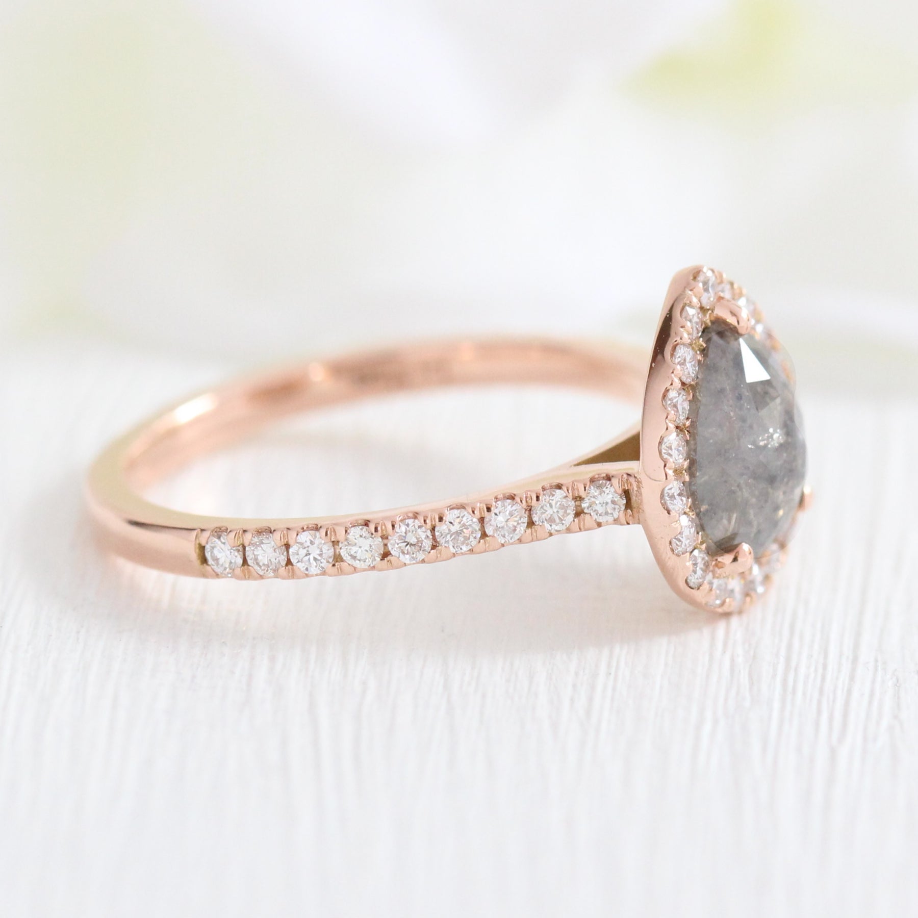 pear cut salt and pepper diamond ring rose gold halo cluster ring la more design jewelry