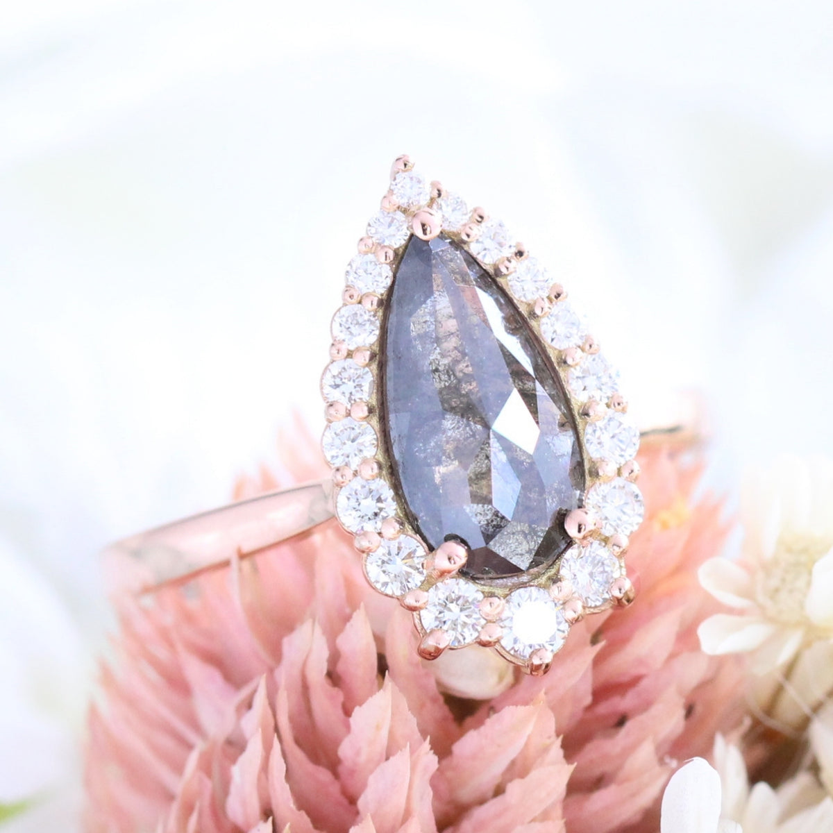 pear cut salt and pepper diamond ring rose gold halo ring la more design jewelry