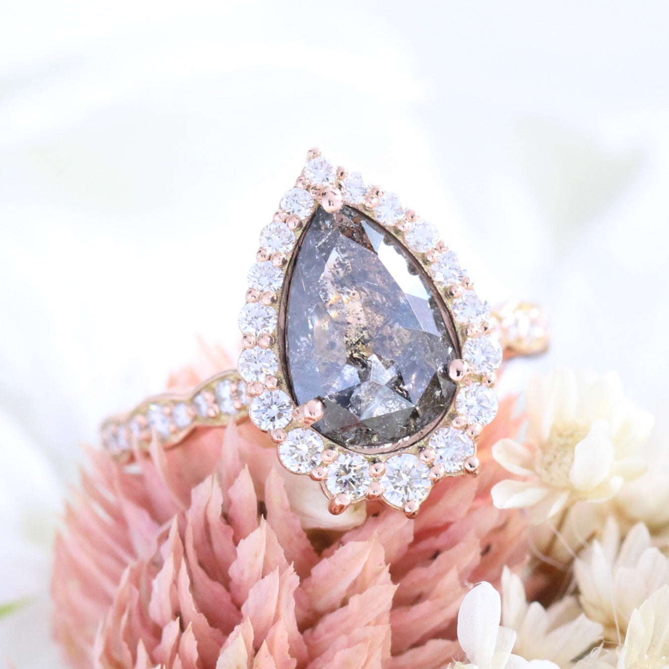 pear cut salt and pepper diamond ring rose gold halo ring la more design jewelry