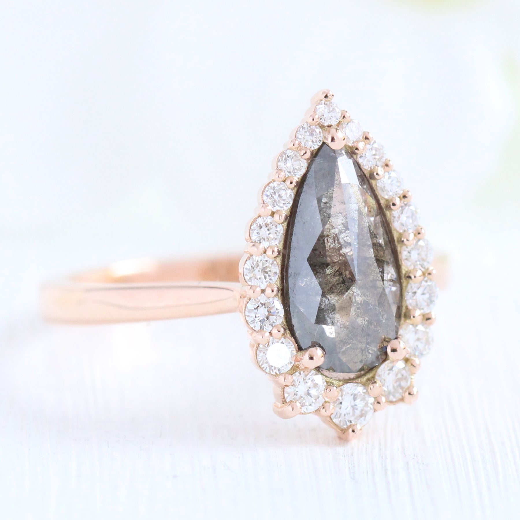 pear cut salt and pepper diamond ring rose gold halo ring la more design jewelry