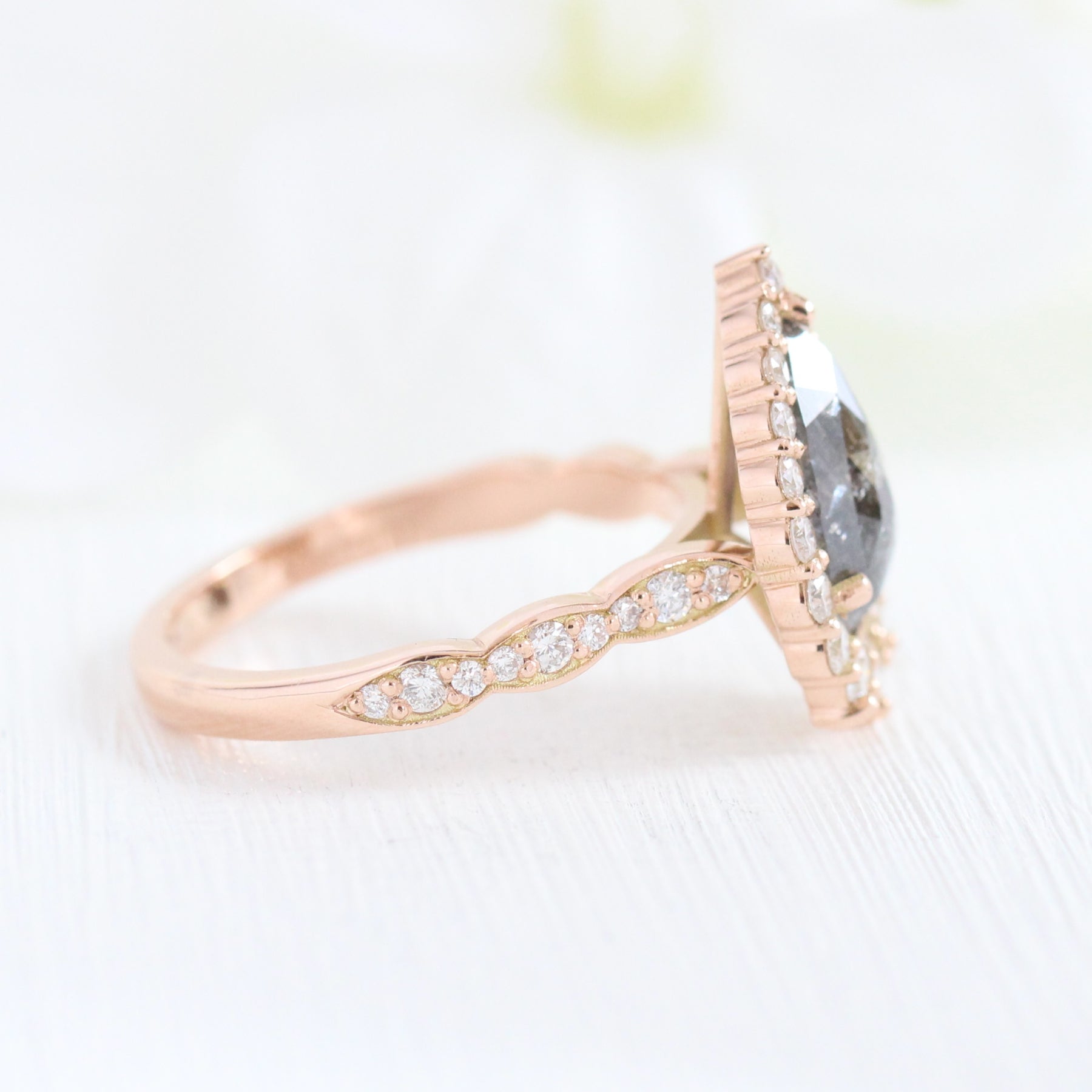 pear cut salt and pepper diamond ring rose gold halo ring la more design jewelry