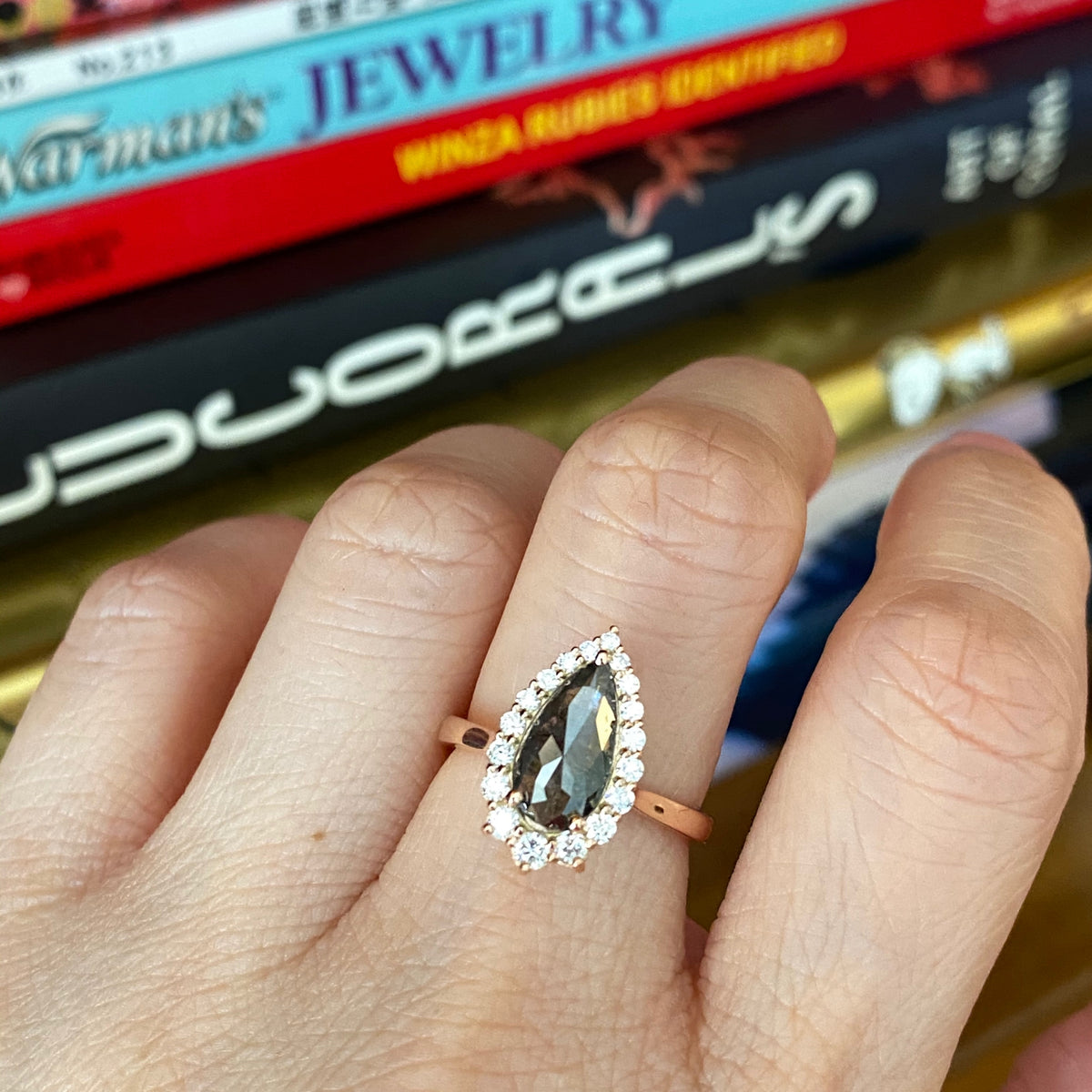 pear cut salt and pepper diamond ring rose gold halo ring la more design jewelry