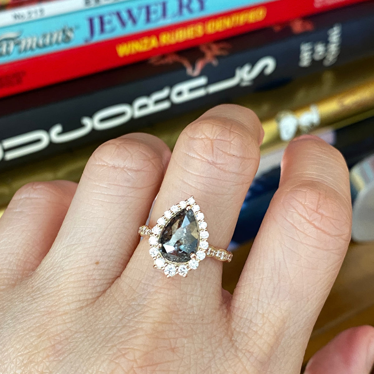 pear cut salt and pepper diamond ring rose gold halo ring la more design jewelry