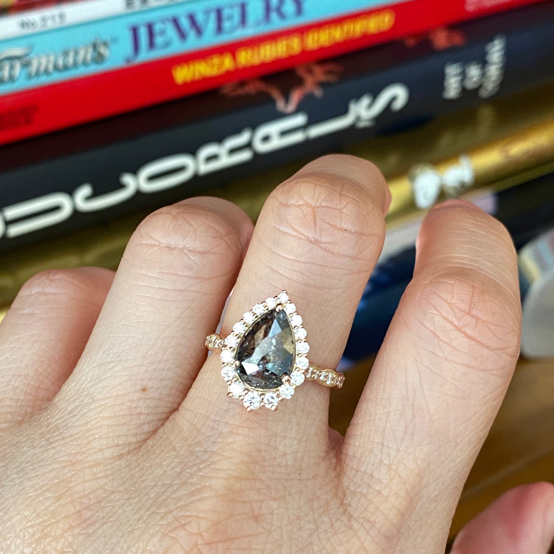 pear cut salt and pepper diamond ring rose gold halo ring la more design jewelry