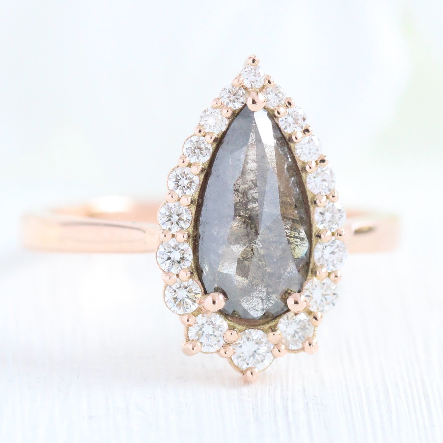 pear cut salt and pepper diamond ring rose gold halo ring la more design jewelry