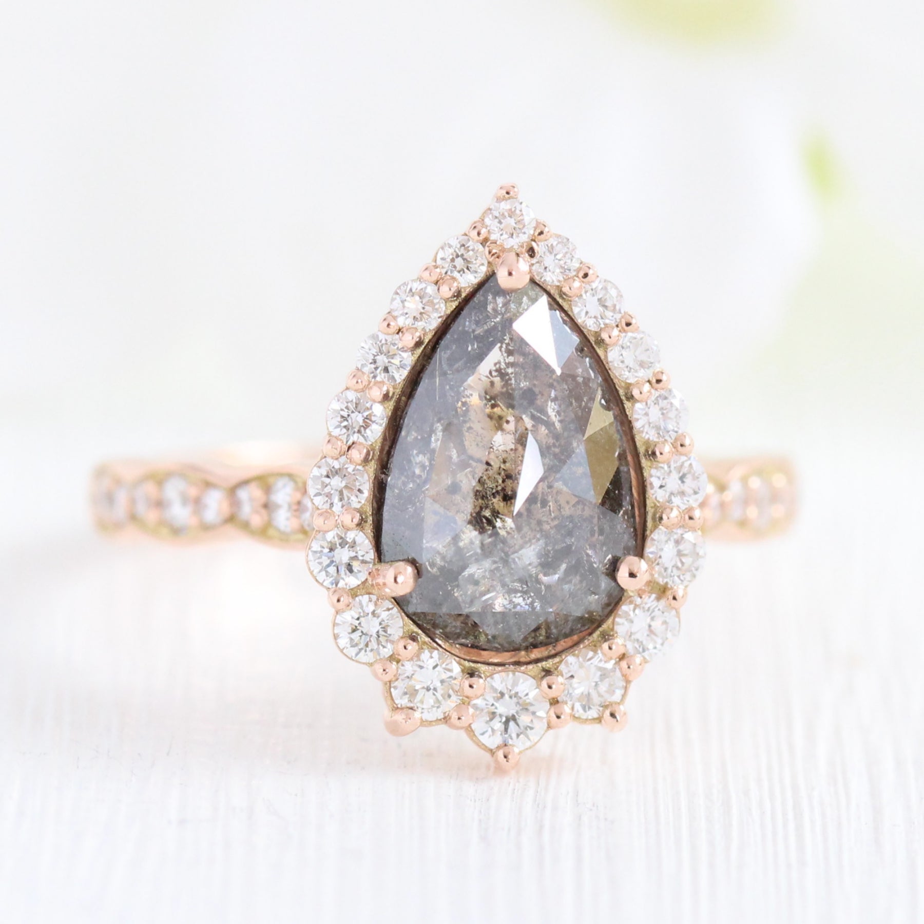 pear cut salt and pepper diamond ring rose gold halo ring la more design jewelry