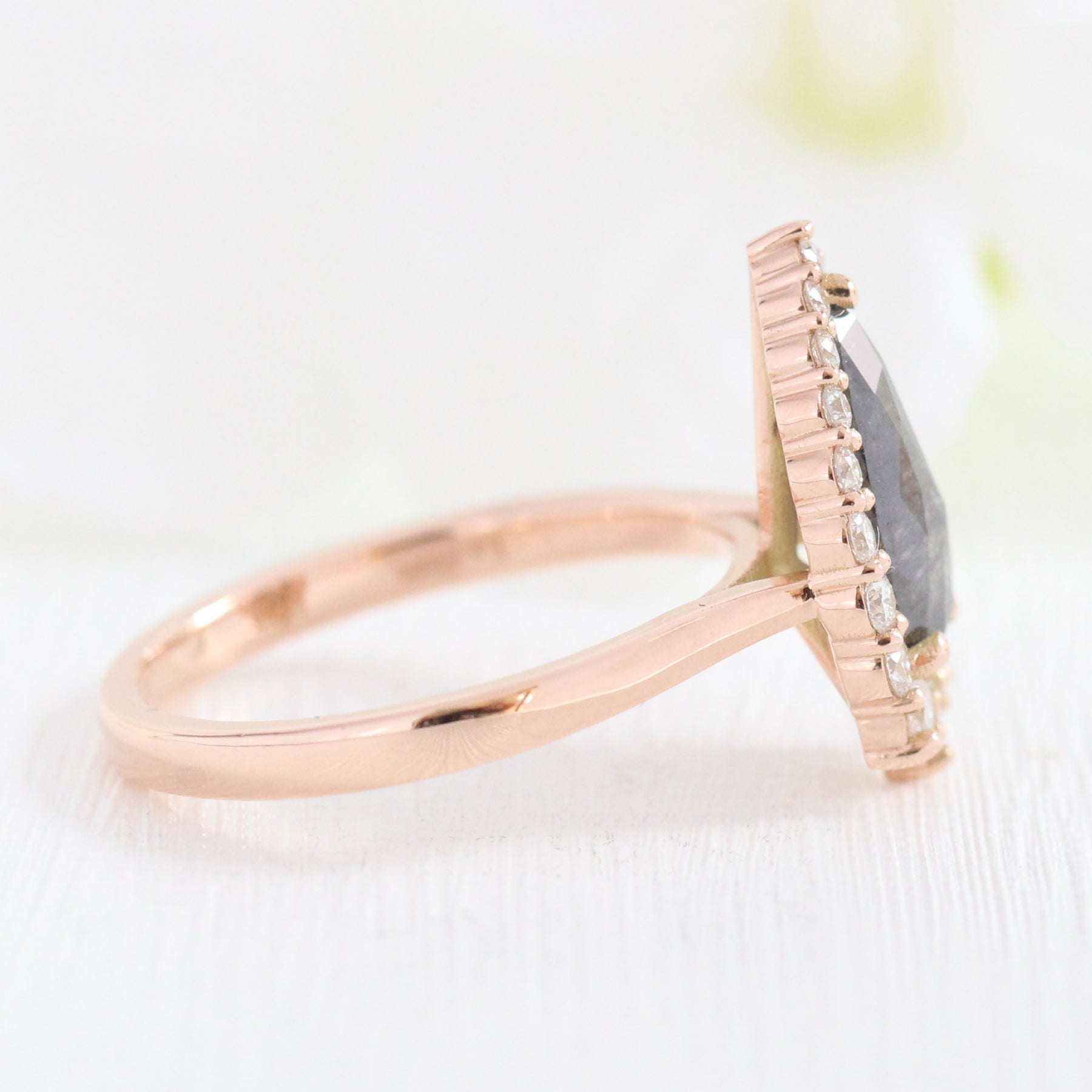 pear cut salt and pepper diamond ring rose gold halo ring la more design jewelry