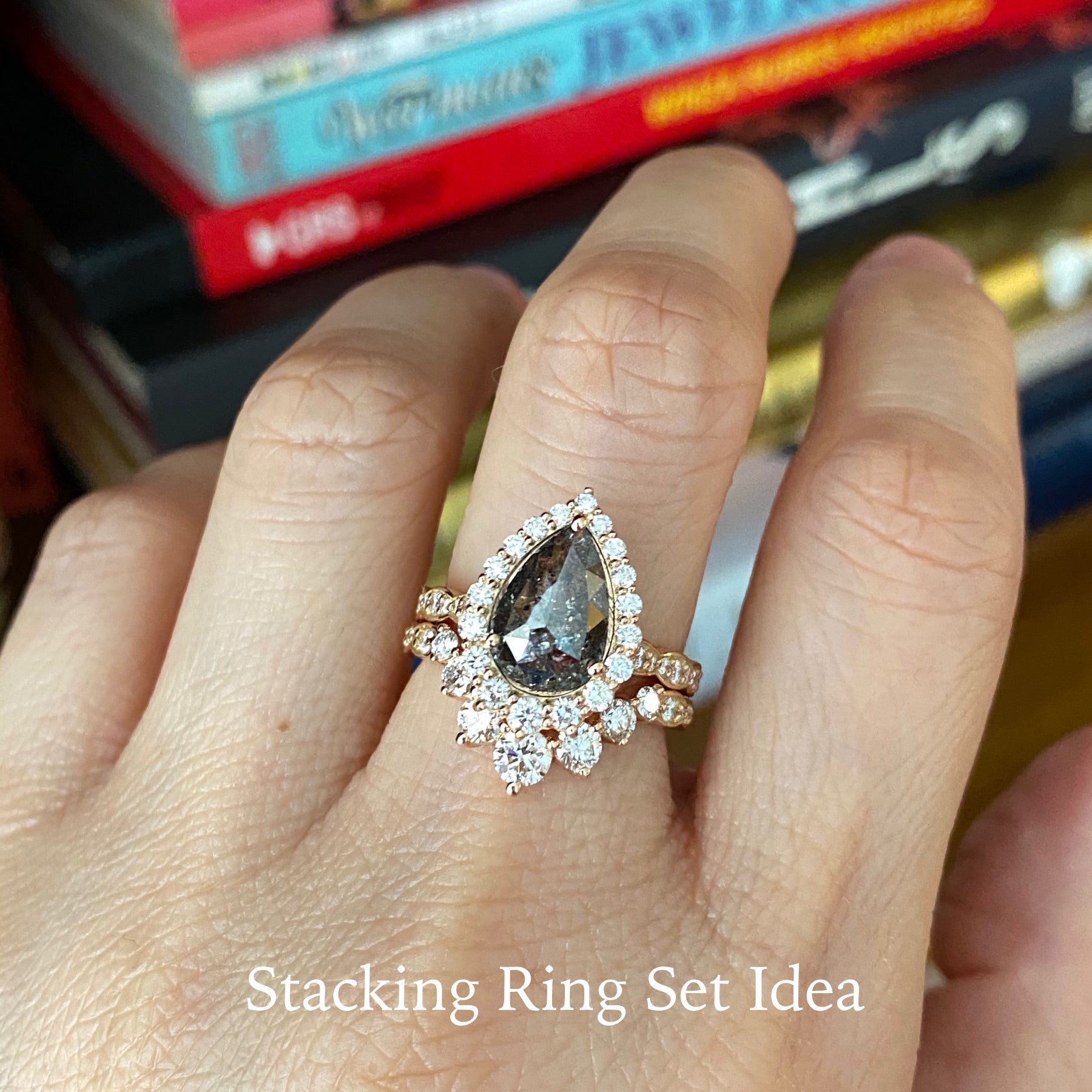 pear cut salt and pepper diamond ring rose gold halo ring la more design jewelry