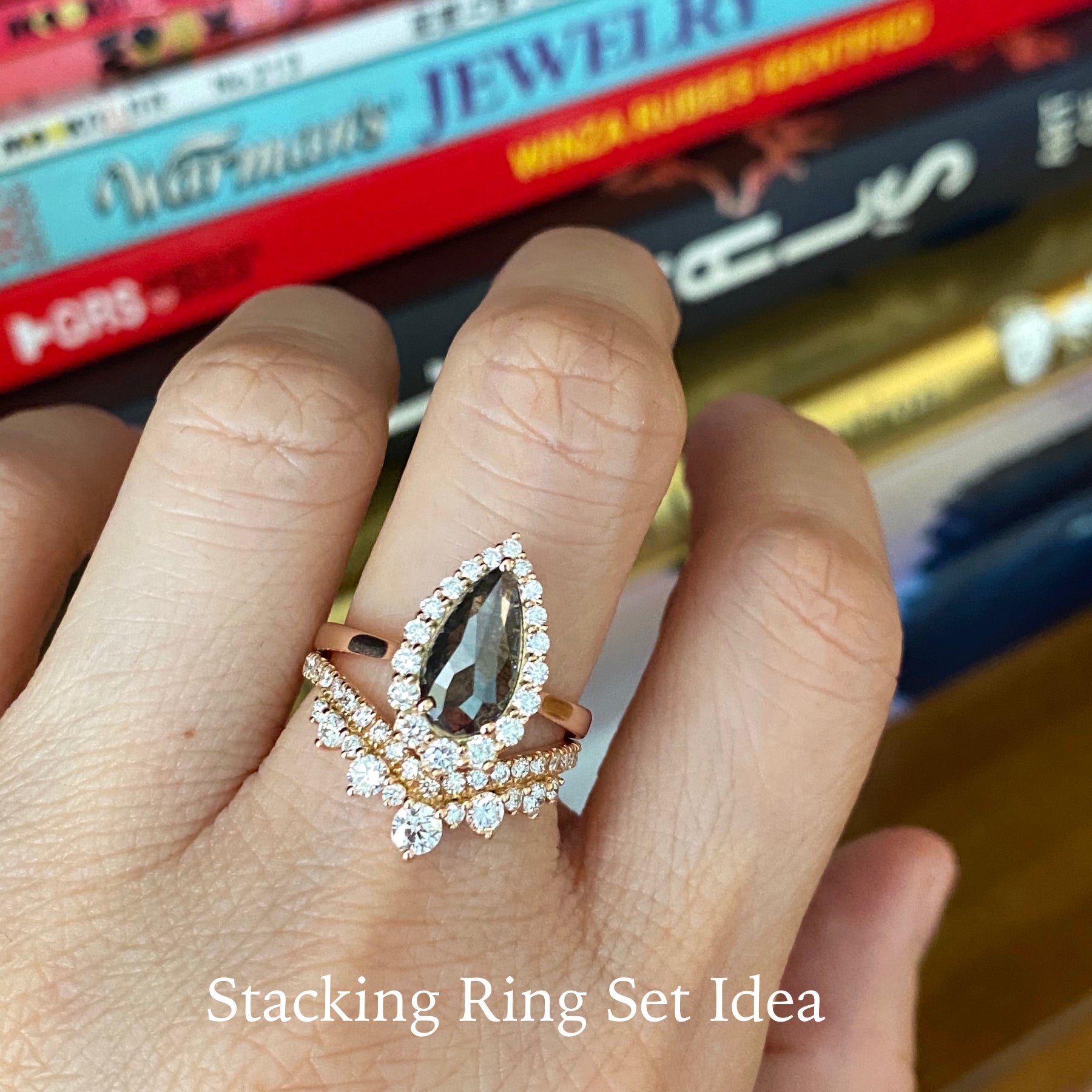 pear cut salt and pepper diamond ring rose gold halo ring la more design jewelry
