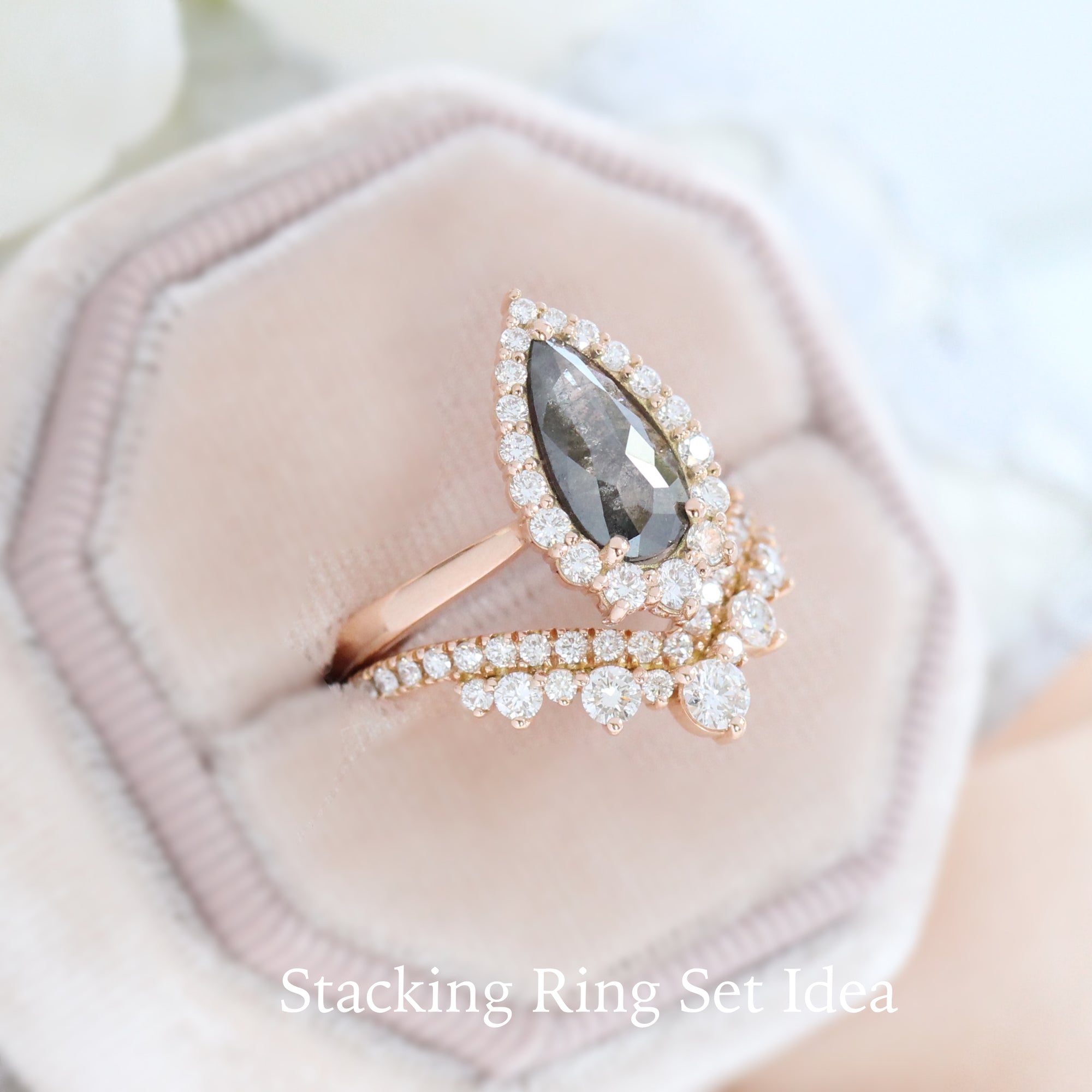 pear cut salt and pepper diamond ring rose gold halo ring la more design jewelry