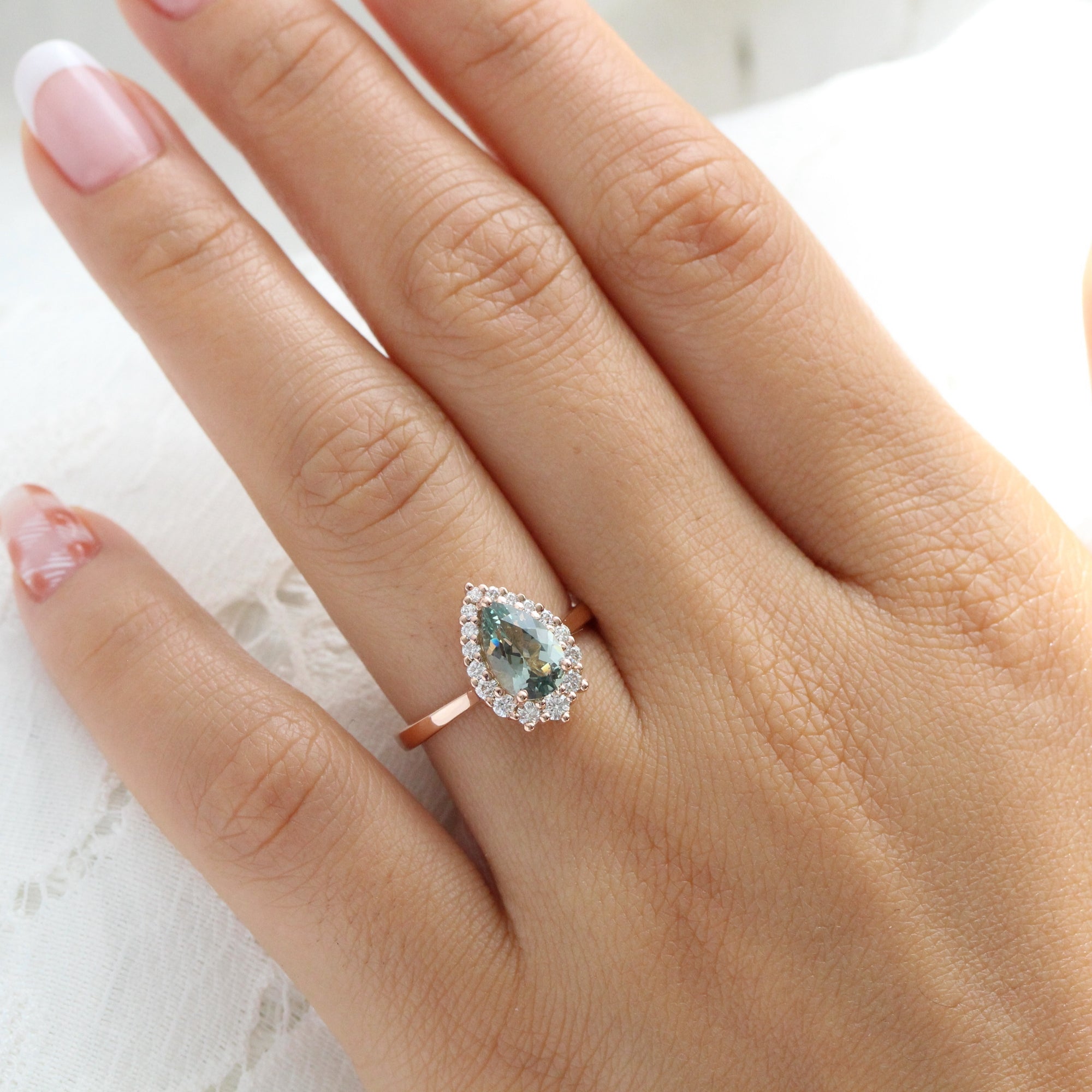 pear green sapphire engagement ring halo diamond engagement ring la more design jewelry