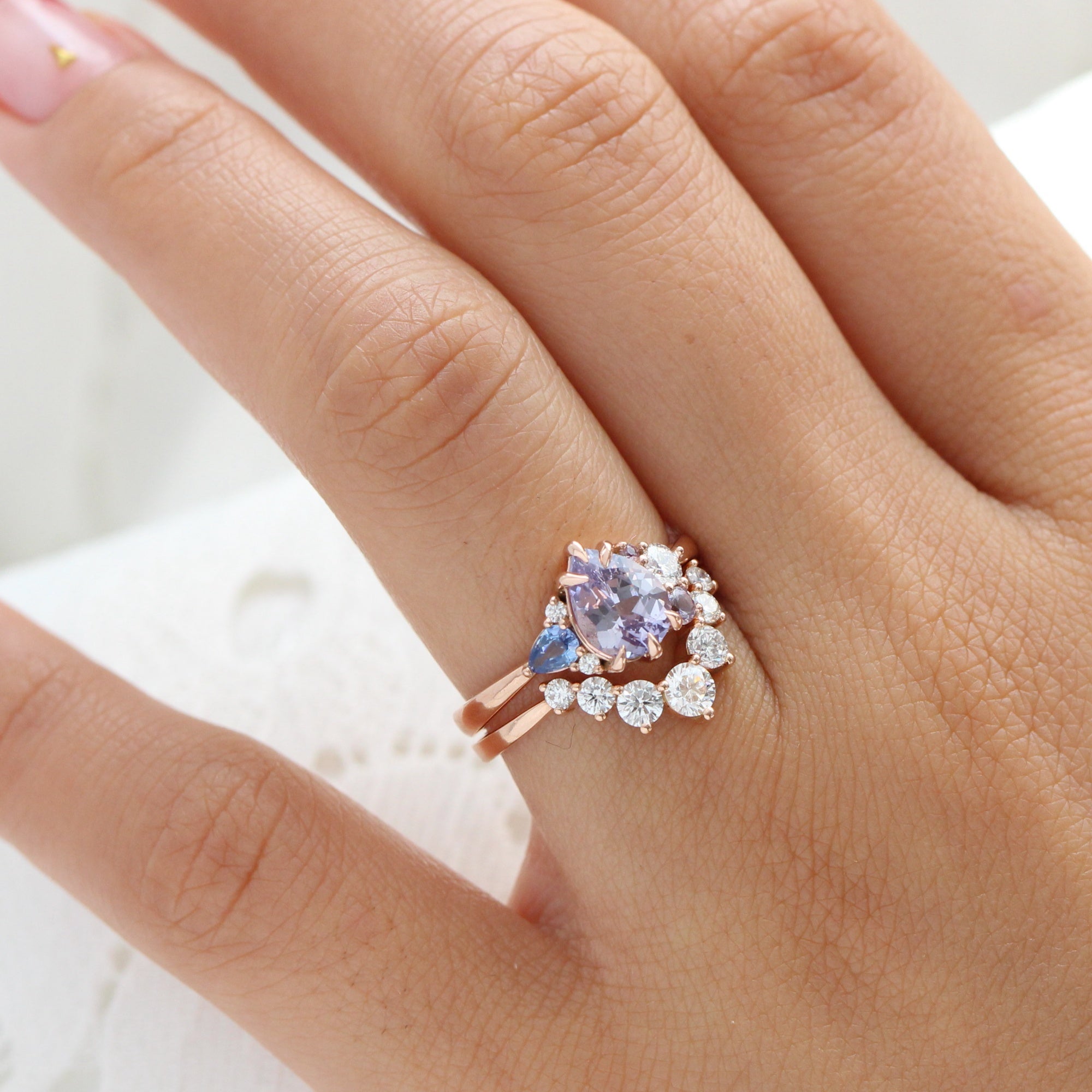 pear lavender purple sapphire diamond ring rose gold cluster ring la more design jewelry