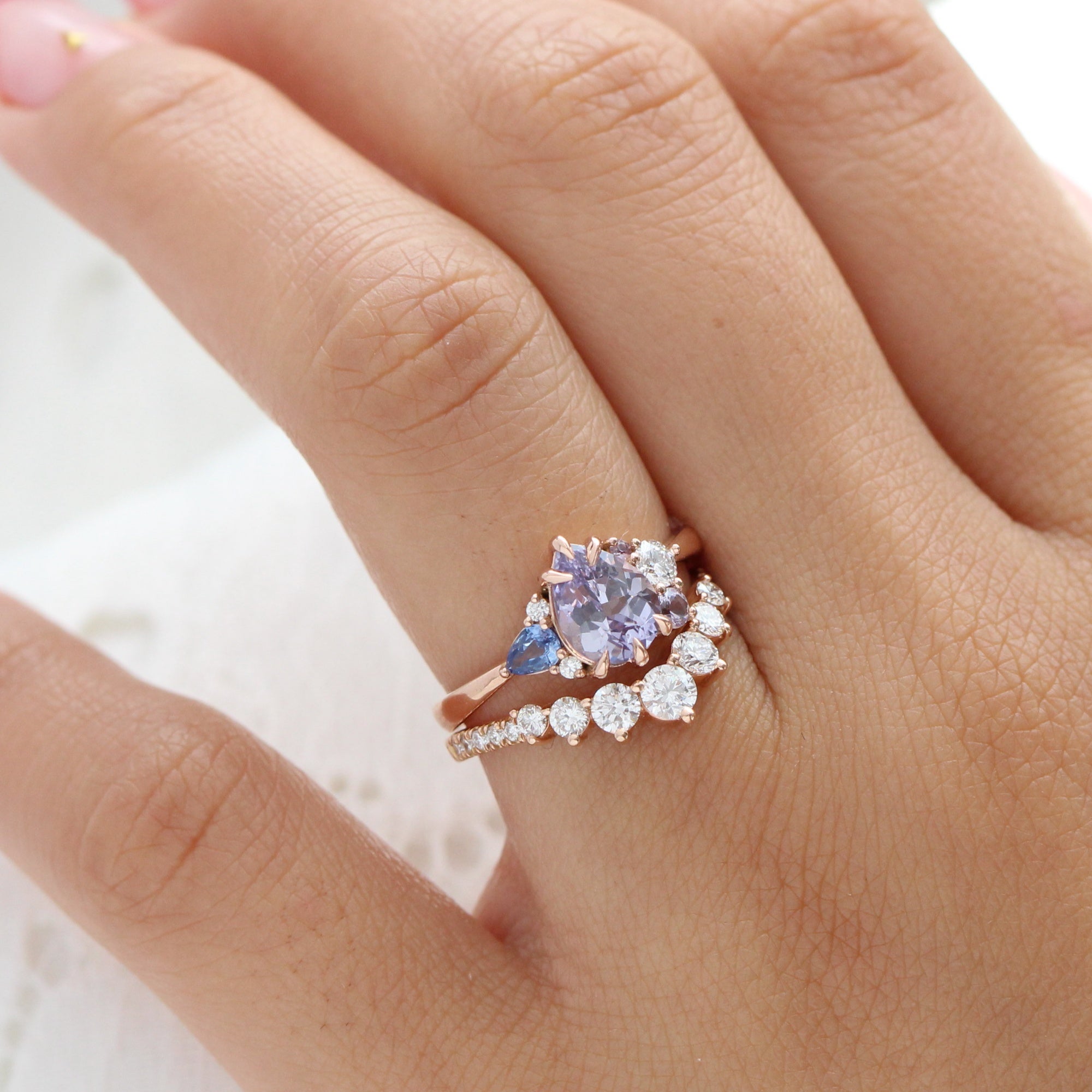 pear lavender purple sapphire diamond ring rose gold cluster ring la more design jewelry