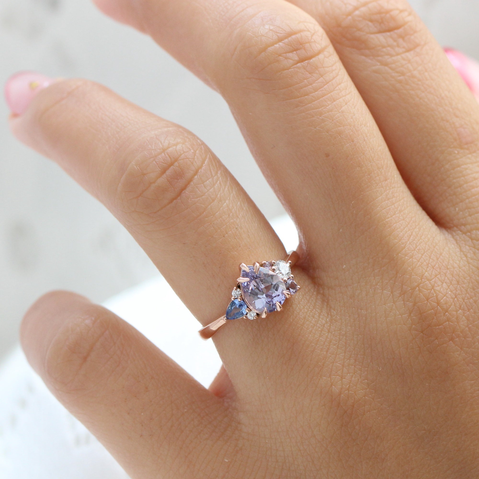 pear lavender purple sapphire diamond ring rose gold cluster ring la more design jewelry
