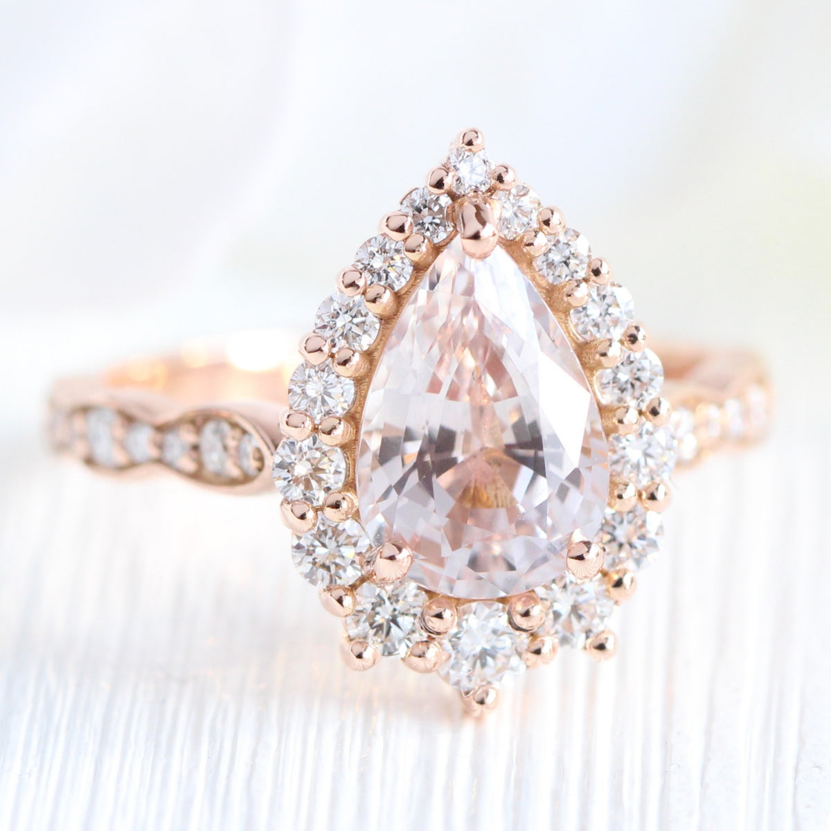 pear lavender sapphire ring rose gold halo diamond ring scalloped diamond band la more design jewelry
