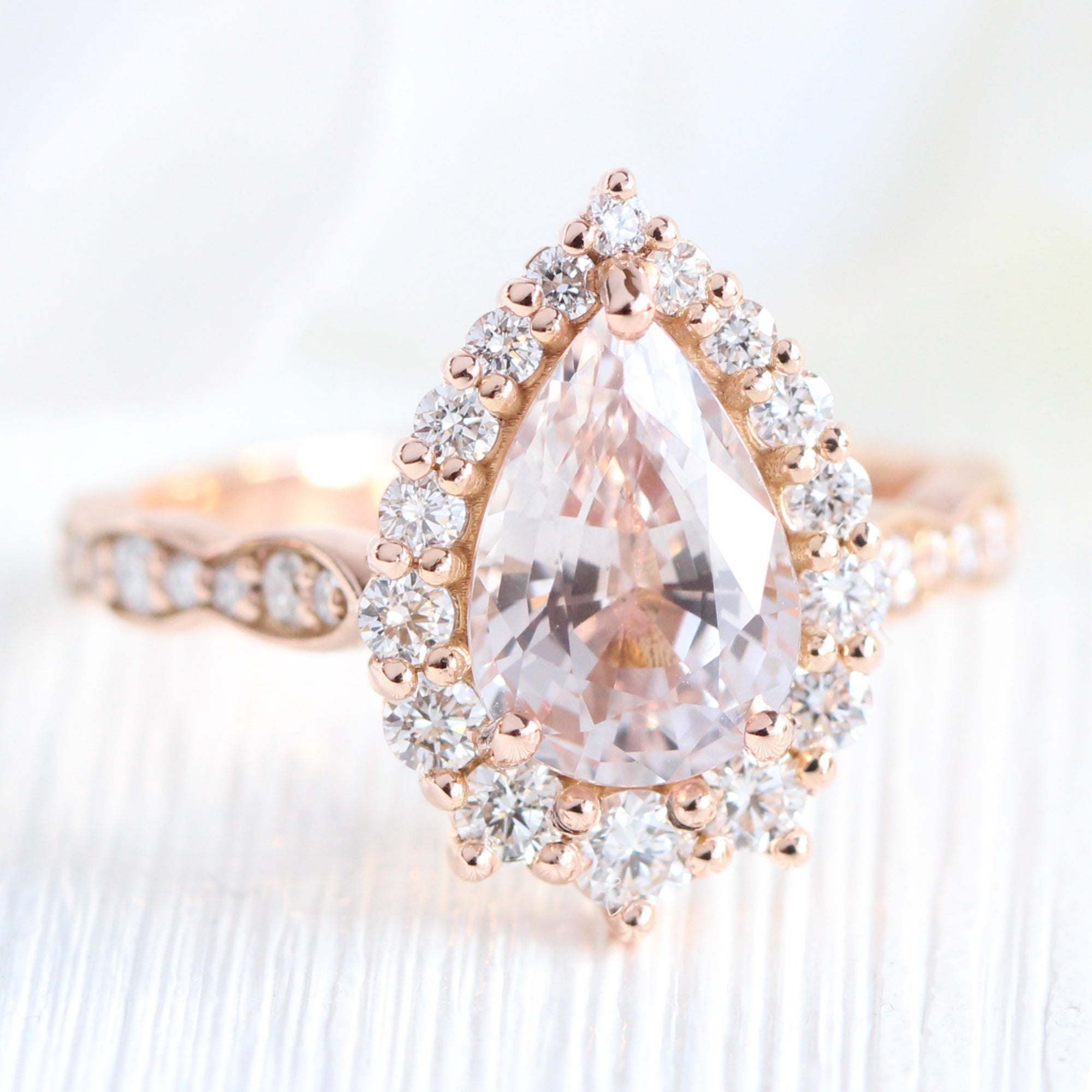 pear lavender sapphire ring rose gold halo diamond ring scalloped diamond band la more design jewelry