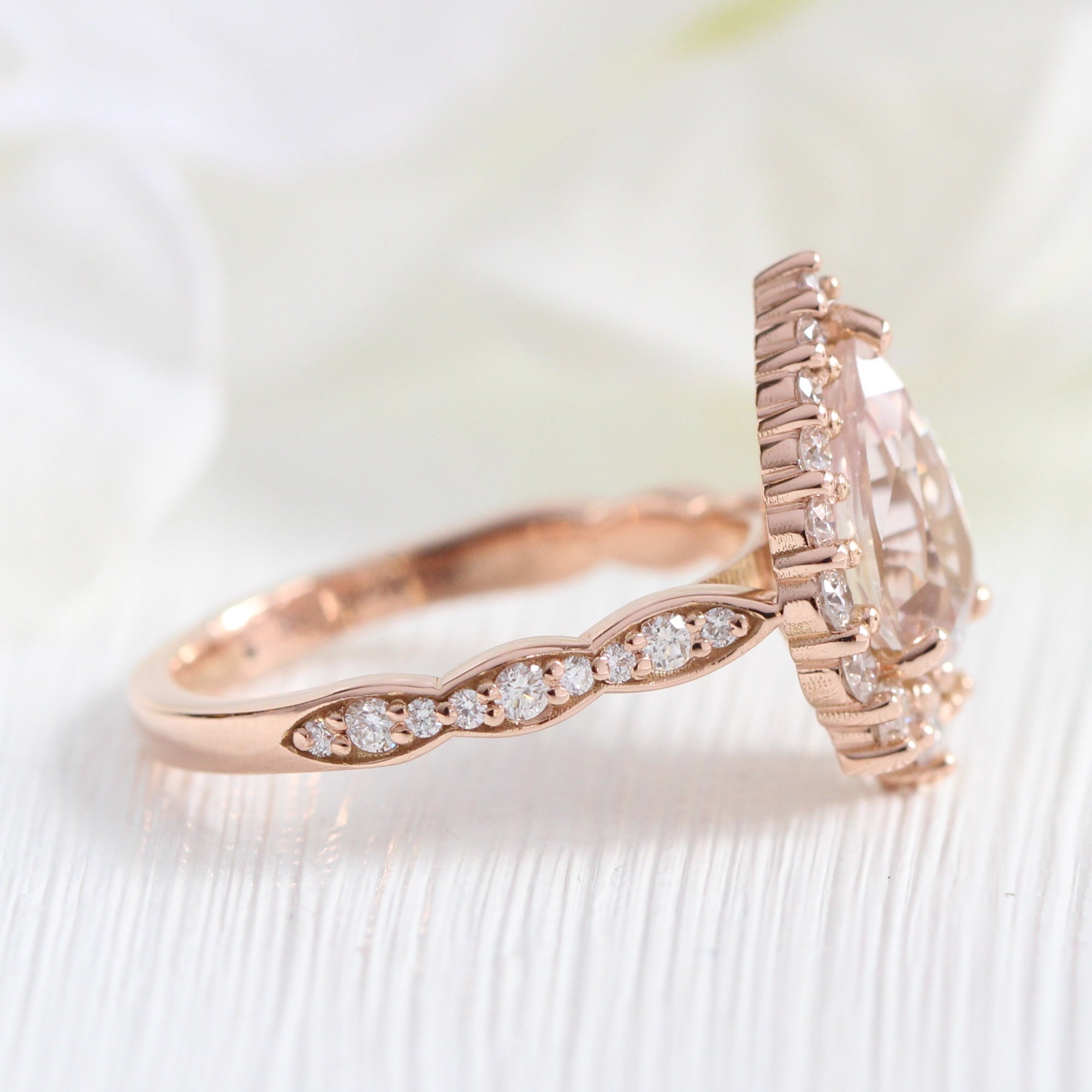 pear lavender sapphire ring rose gold halo diamond ring scalloped diamond band la more design jewelry