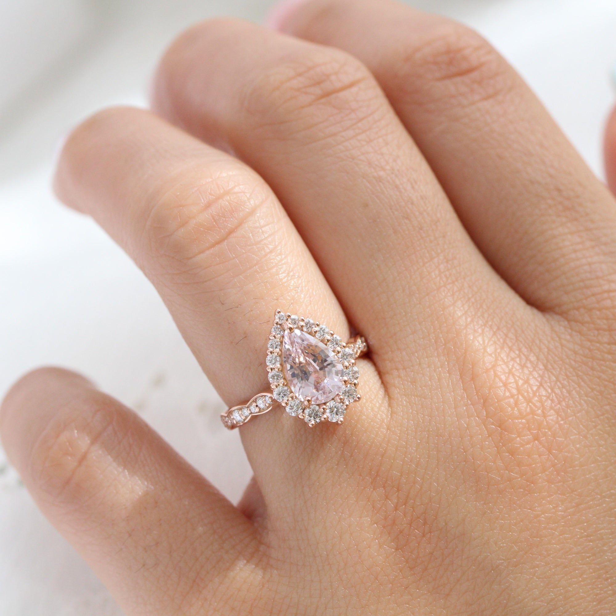 pear lavender sapphire ring rose gold halo diamond ring scalloped diamond band la more design jewelry