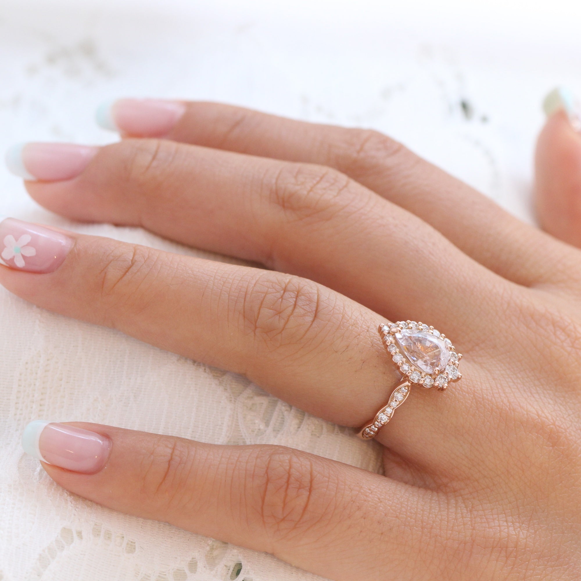pear lavender sapphire ring rose gold halo diamond ring scalloped diamond band la more design jewelry