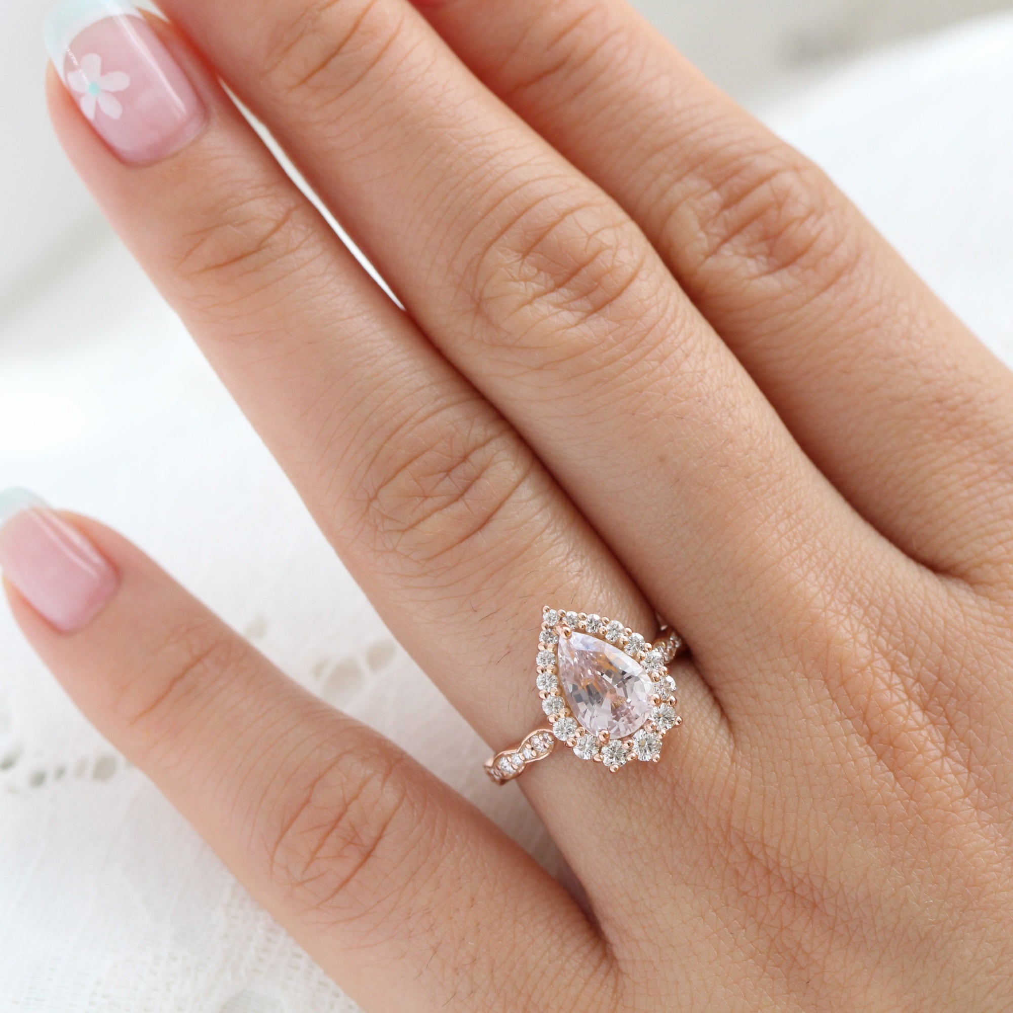 pear lavender sapphire ring rose gold halo diamond ring scalloped diamond band la more design jewelry