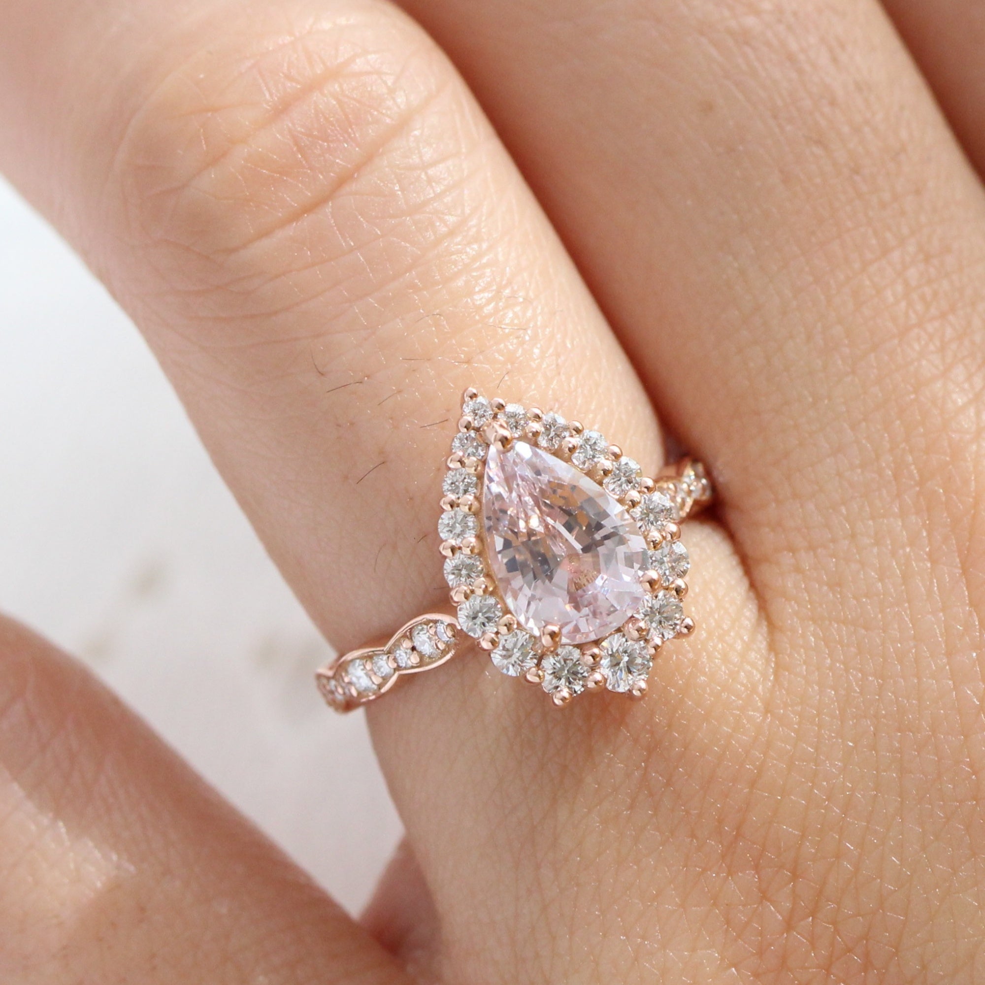 pear lavender sapphire ring rose gold halo diamond ring scalloped diamond band la more design jewelry