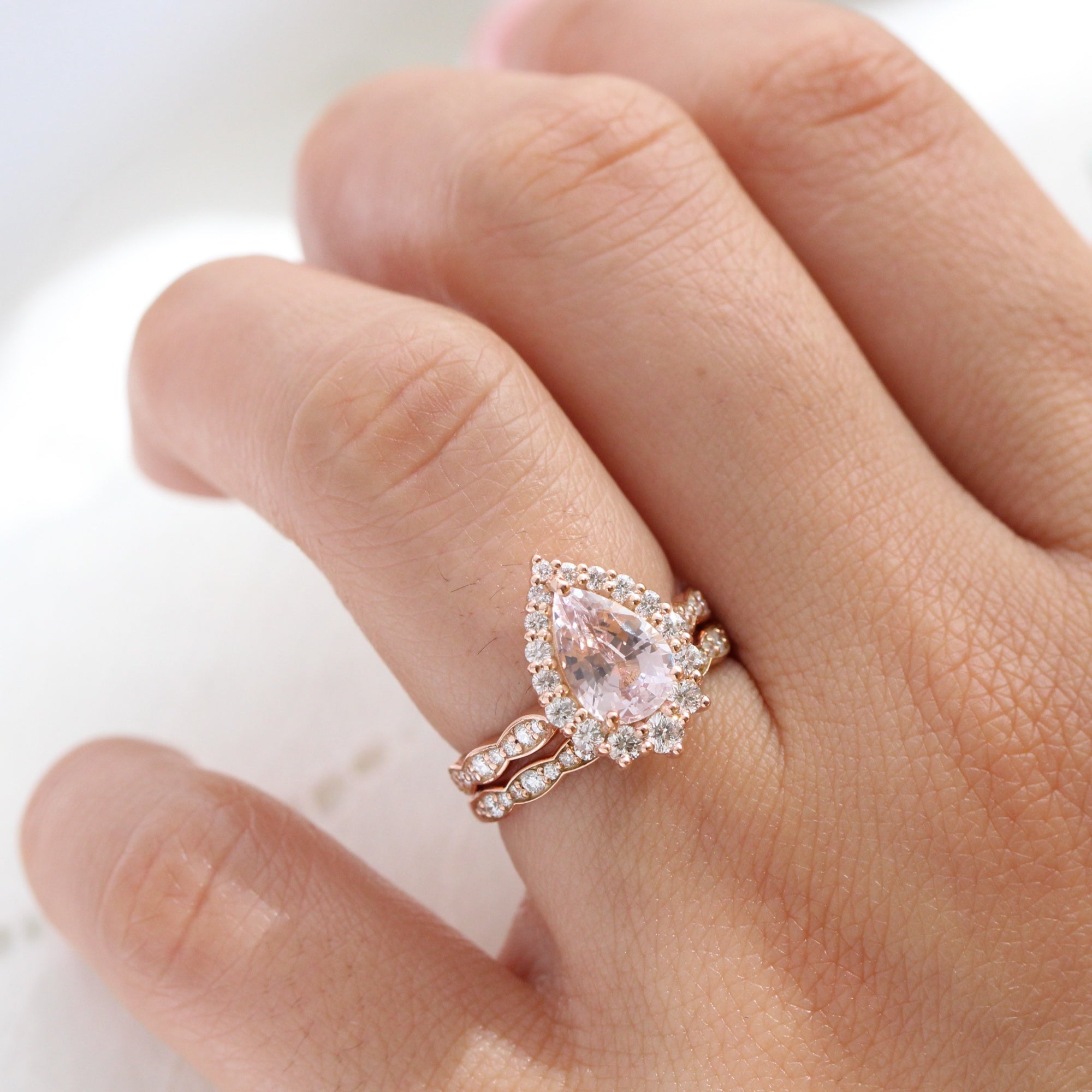 pear lavender sapphire ring rose gold halo diamond ring scalloped diamond band la more design jewelry