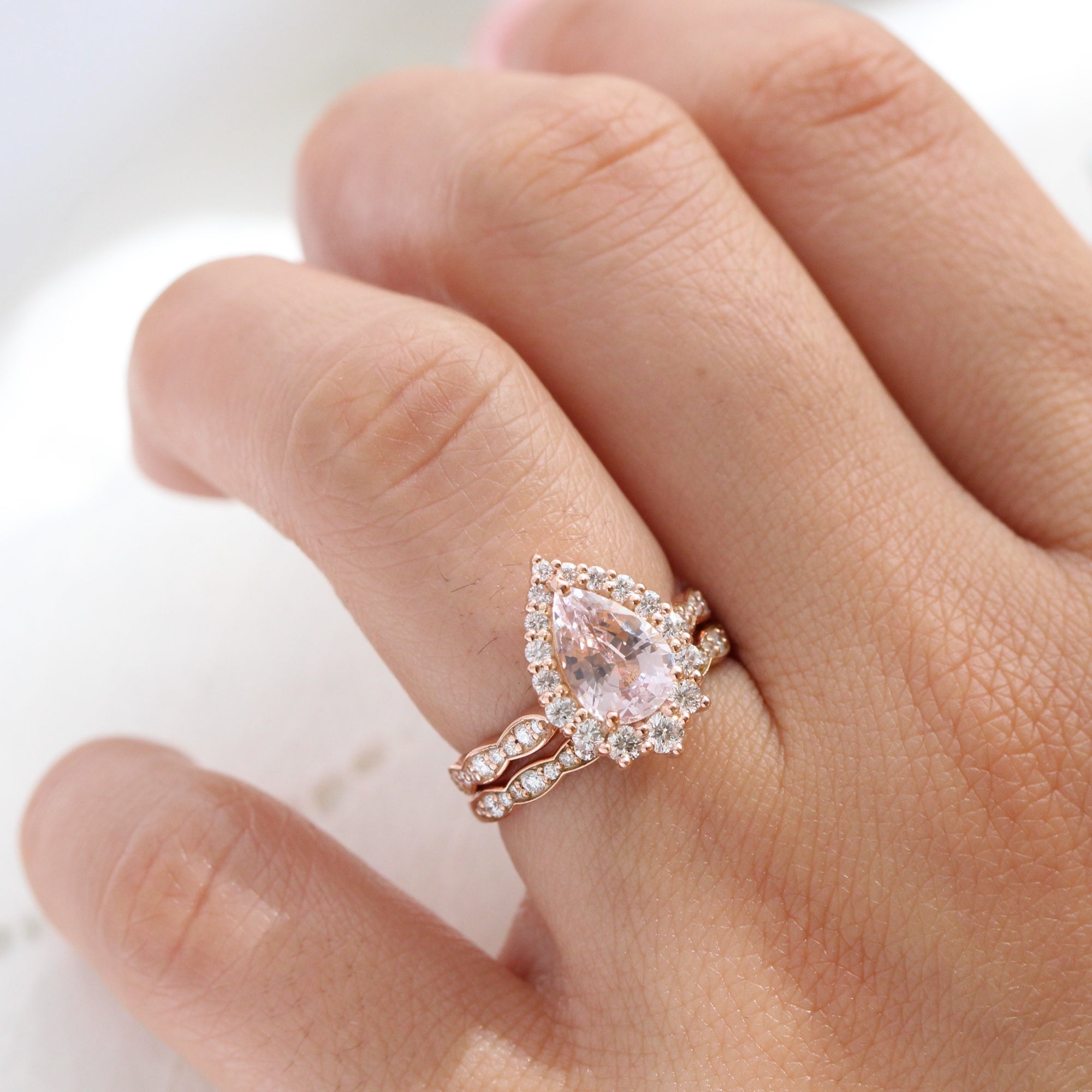 Pastel Pink Sapphire Diamond Ring Rose Gold Halo Pear Engagement