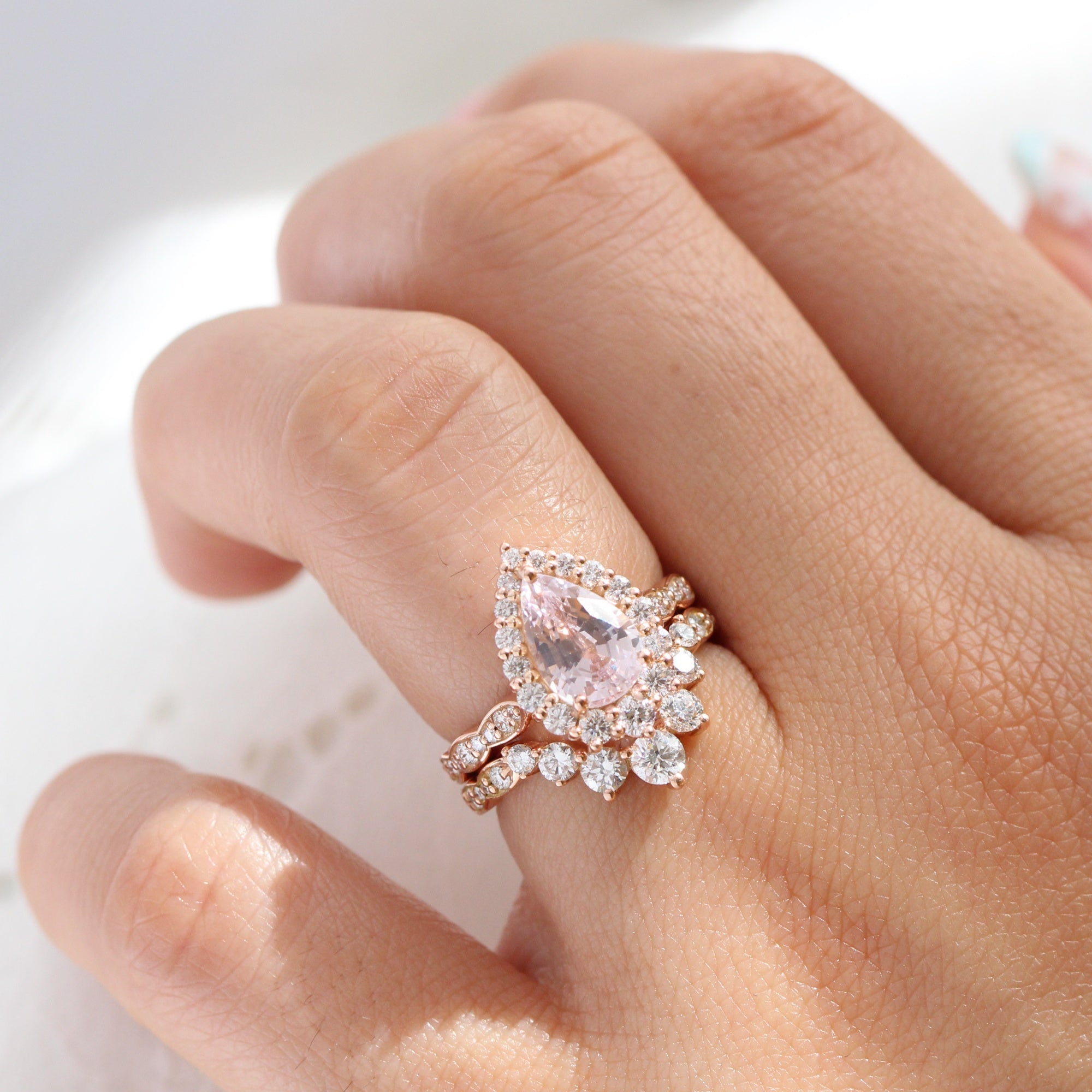 pear lavender sapphire ring rose gold halo diamond ring scalloped diamond band la more design jewelry