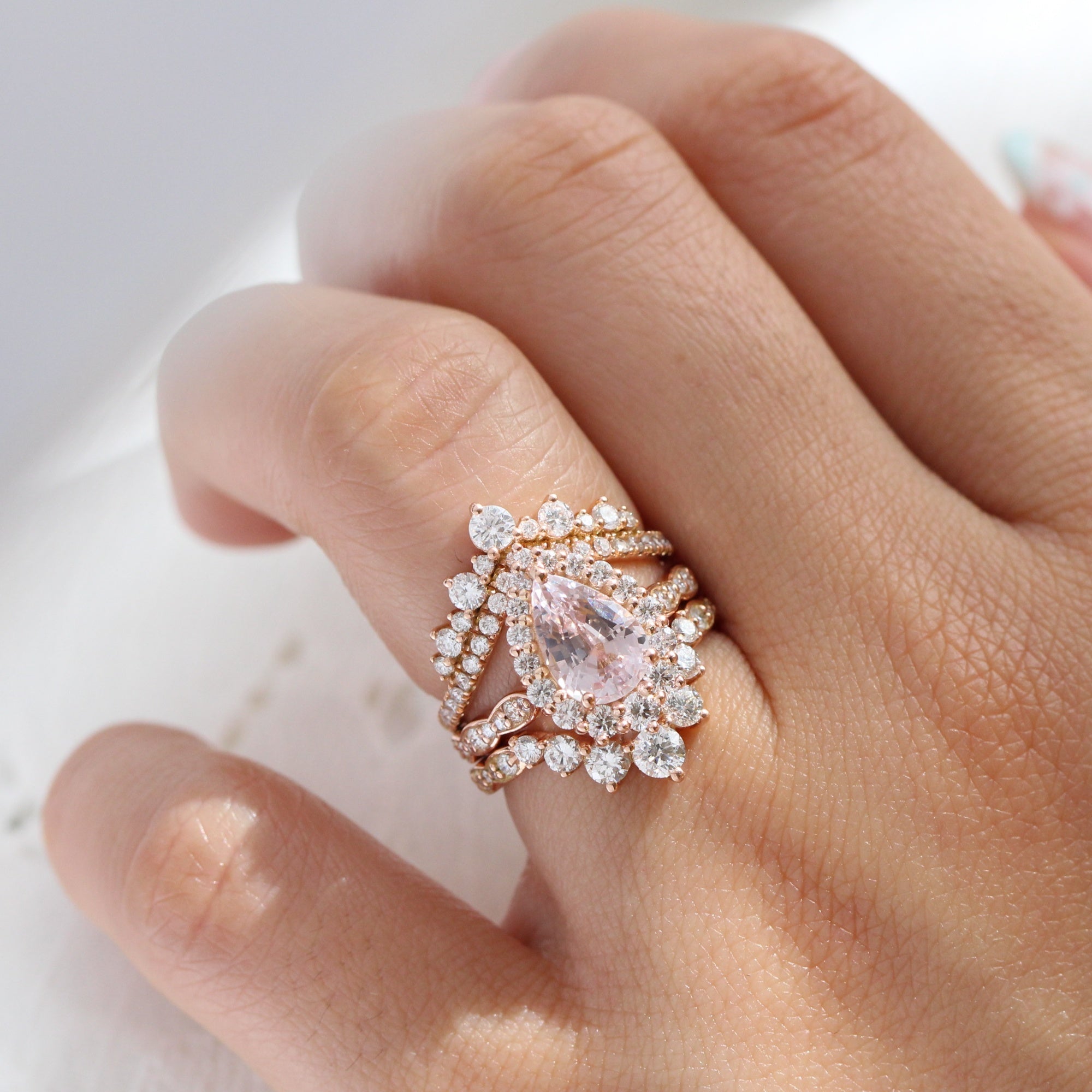 pear lavender sapphire ring rose gold halo diamond ring scalloped diamond band la more design jewelry