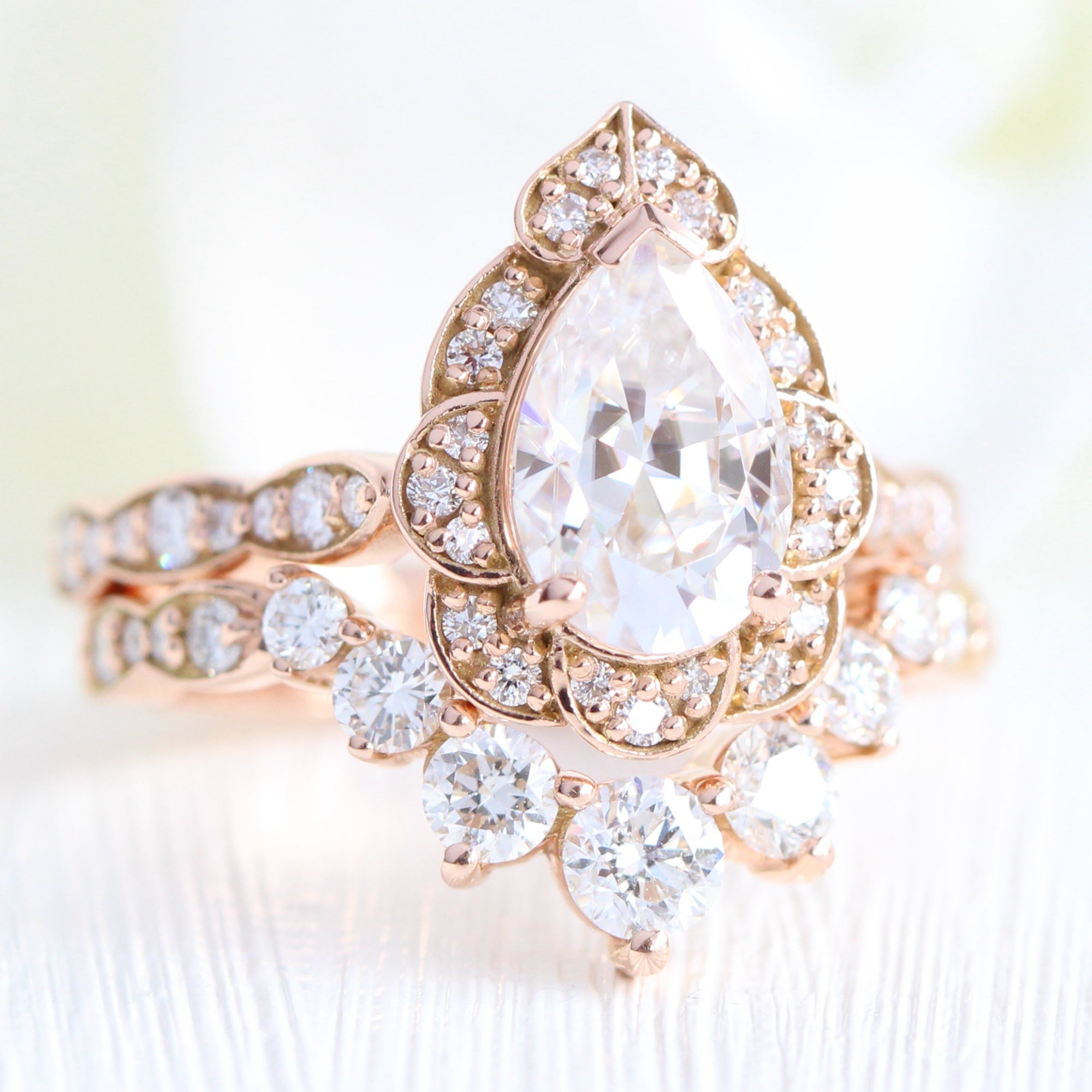 pear moissanite engagement ring rose gold diamond stacking ring wedding set la more design jewelry