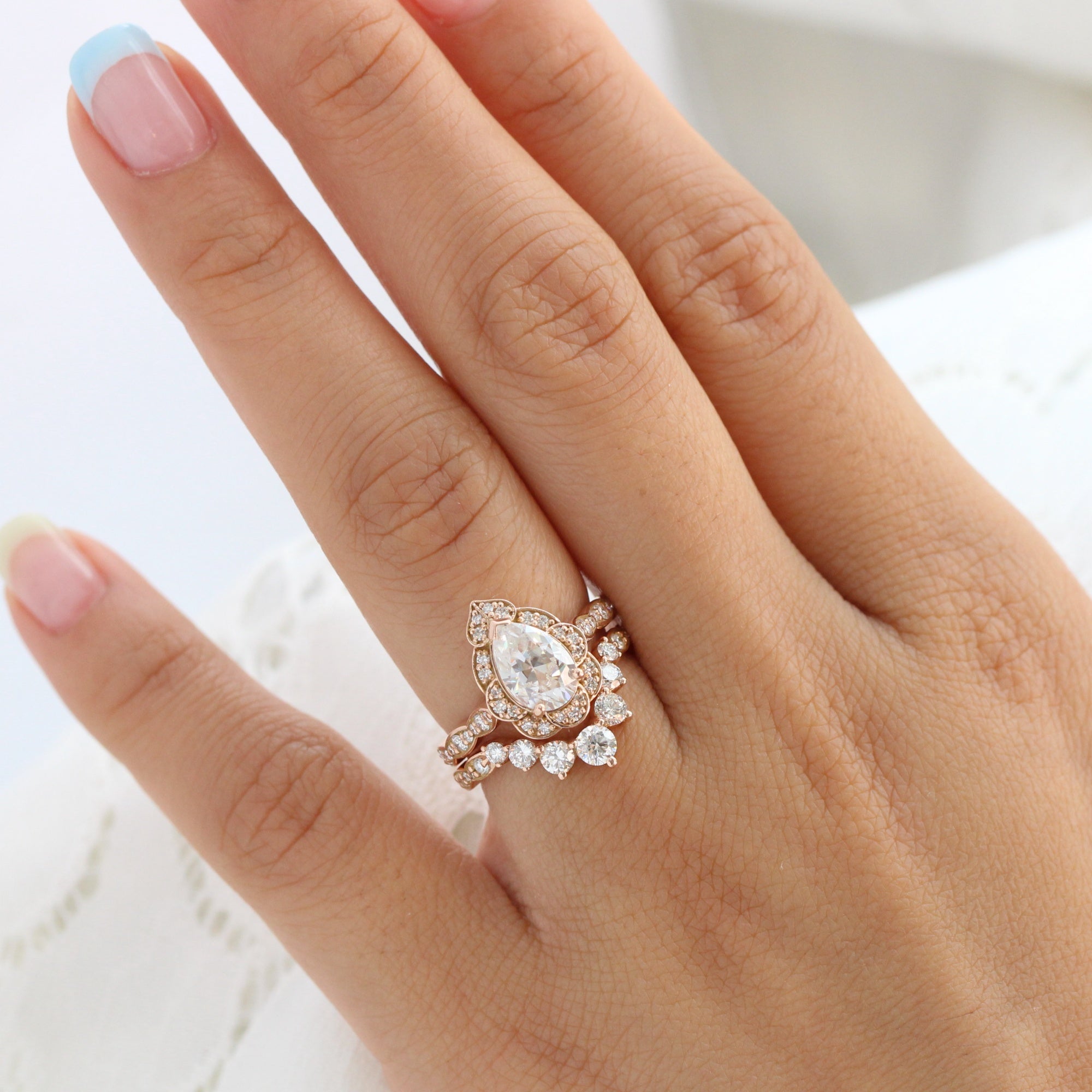 pear moissanite engagement ring rose gold diamond stacking ring wedding set la more design jewelry