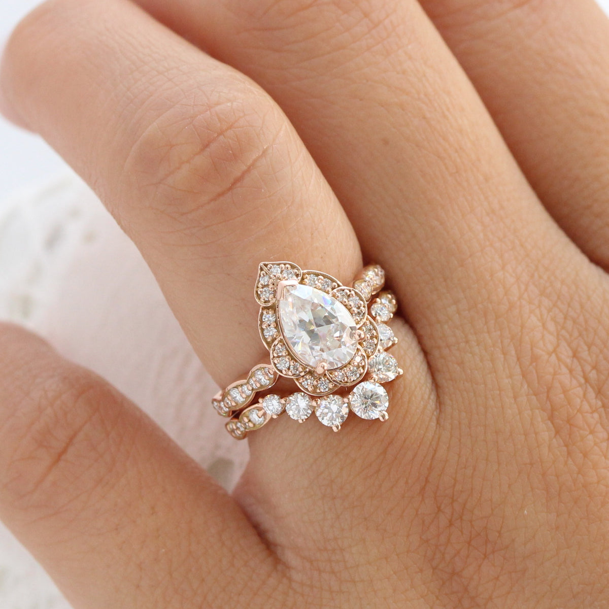 pear moissanite engagement ring rose gold diamond stacking ring wedding set la more design jewelry