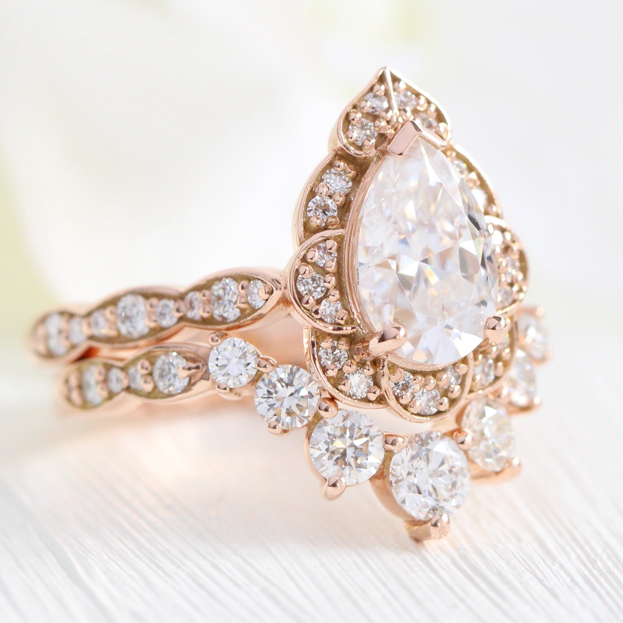 pear moissanite engagement ring rose gold diamond stacking ring wedding set la more design jewelry
