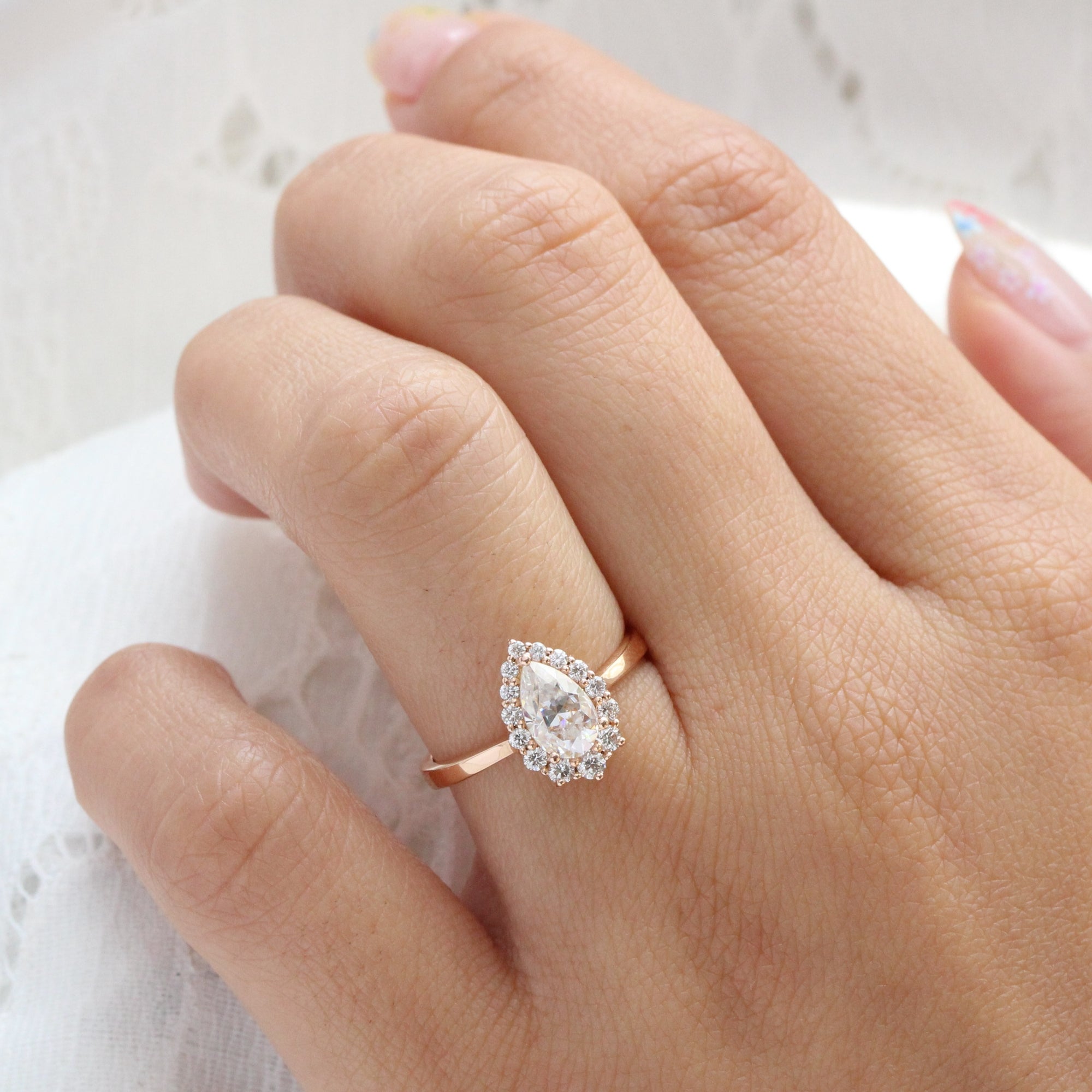 pear moissanite engagement ring rose gold halo diamond ring low profile ring by la more design jewelry