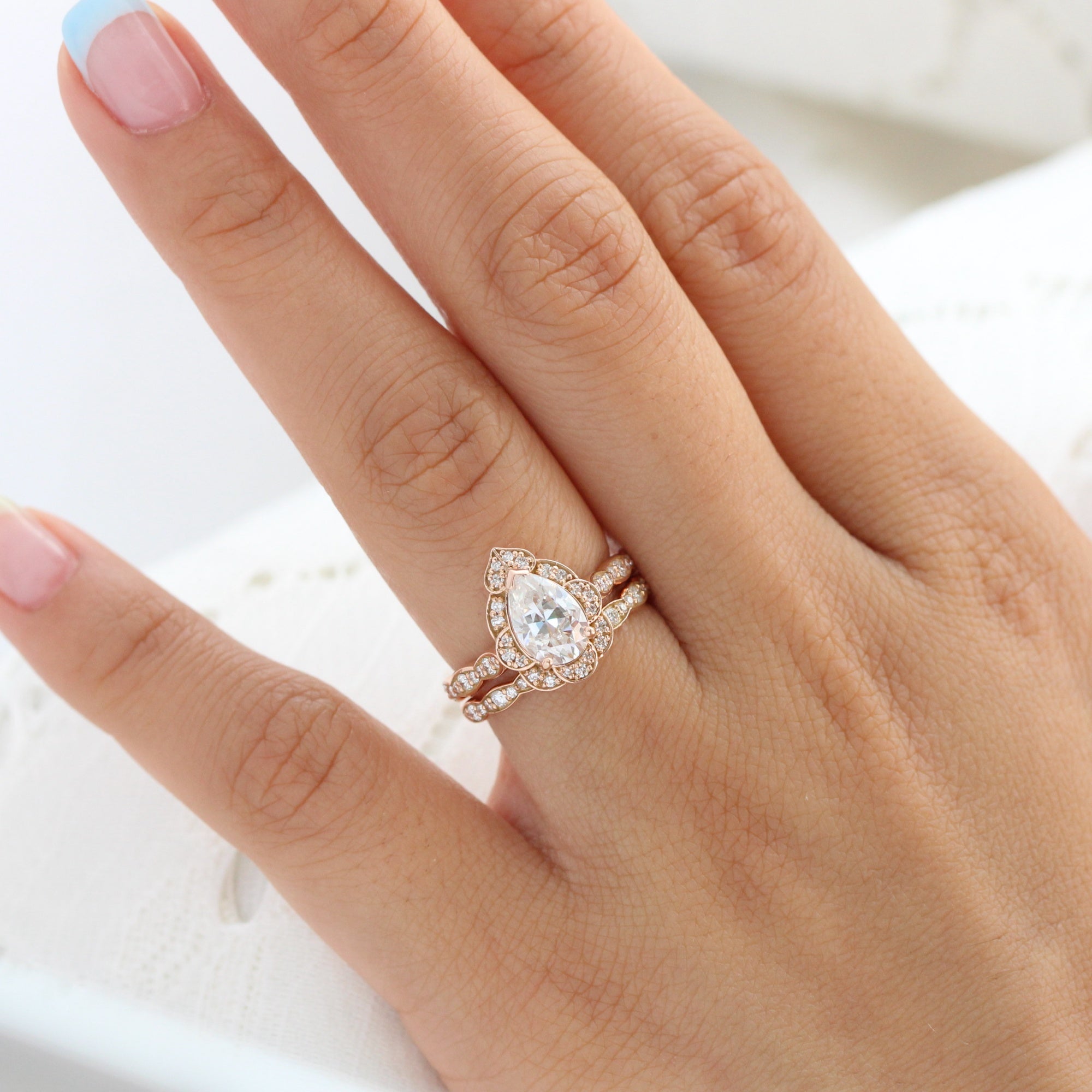 Large Pear Moissanite Ring Rose Gold Vintage Halo Diamond Ring Set La More Design