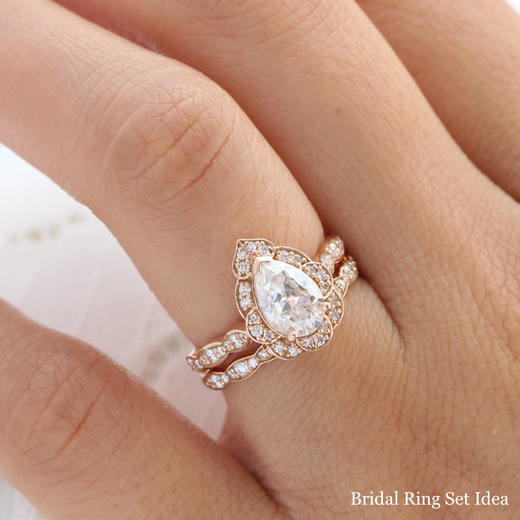 pear moissanite engagement ring rose gold vintage diamond wedding ring set la more design jewelry