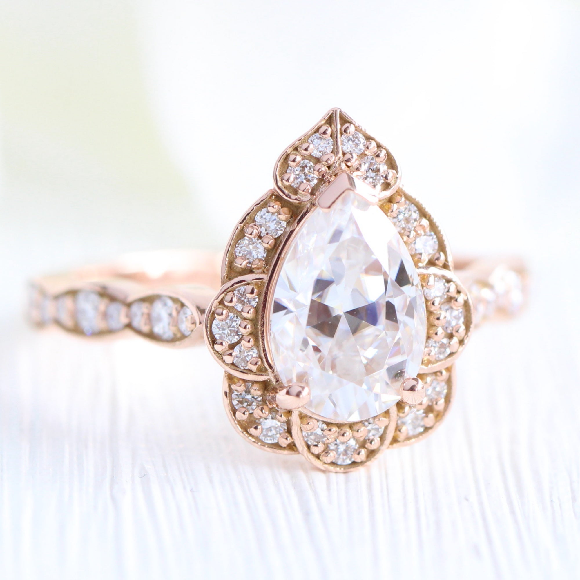 pear moissanite engagement ring rose gold vintage halo diamond ring la more design jewelry