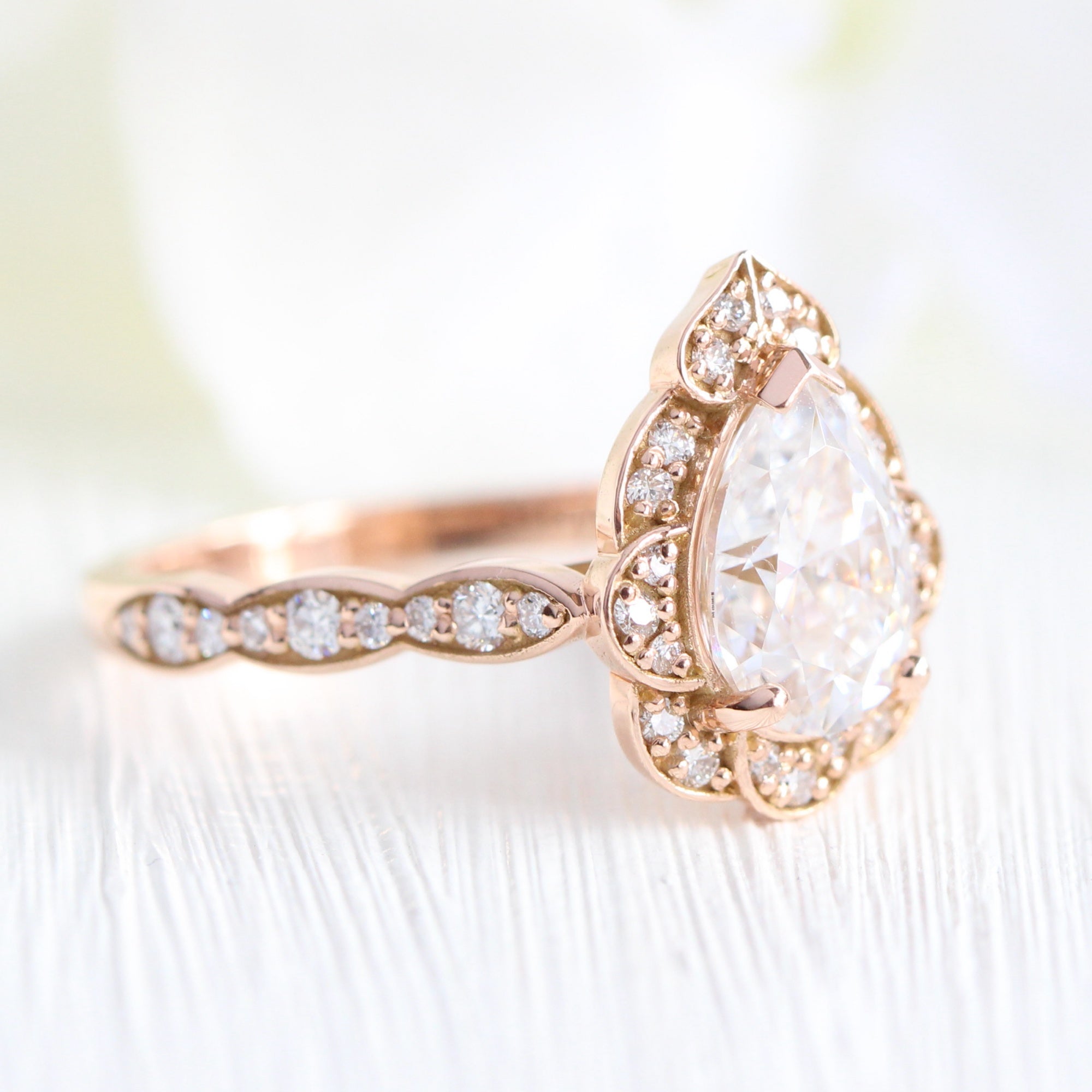 pear moissanite engagement ring rose gold vintage halo diamond ring la more design jewelry