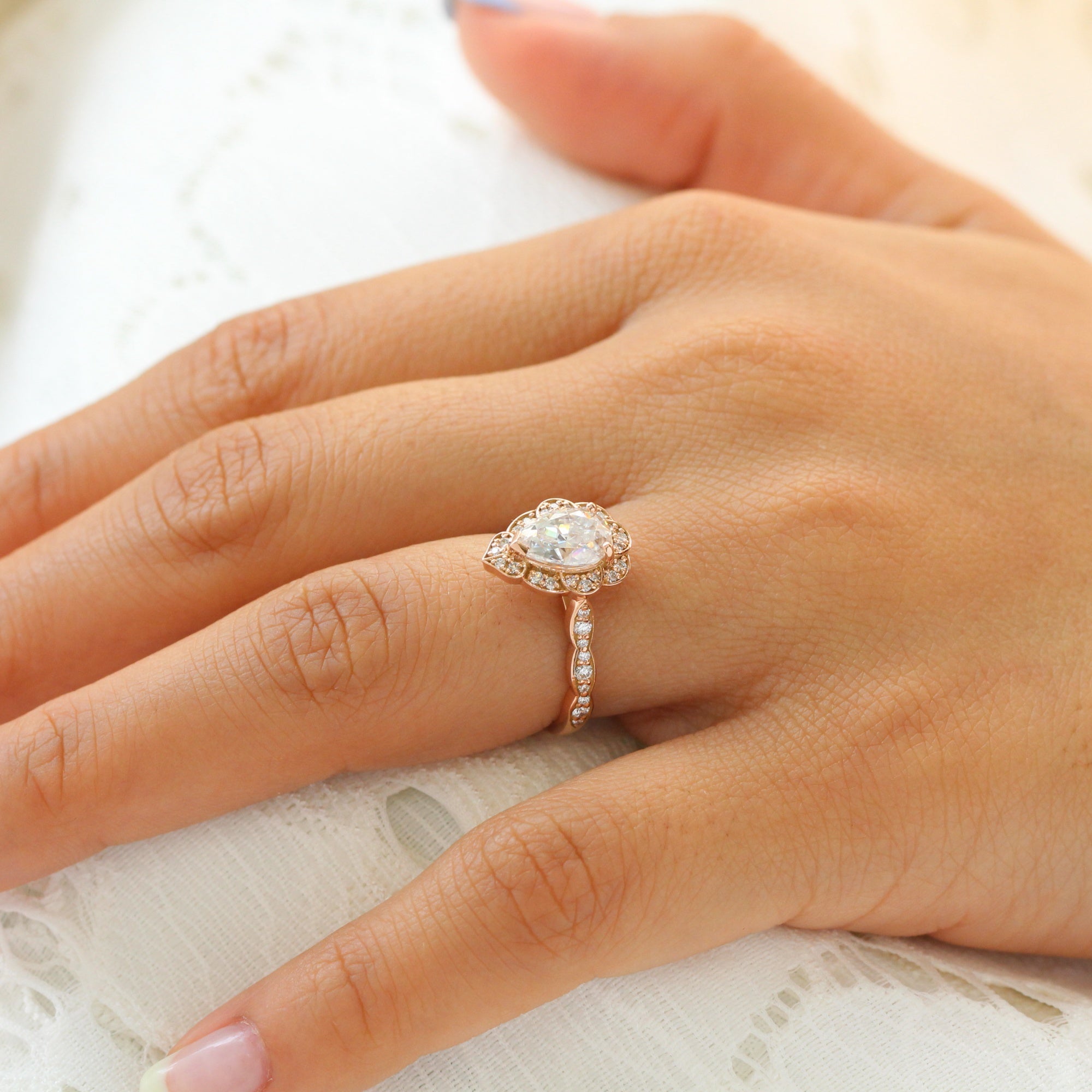pear moissanite engagement ring rose gold vintage halo diamond ring la more design jewelry