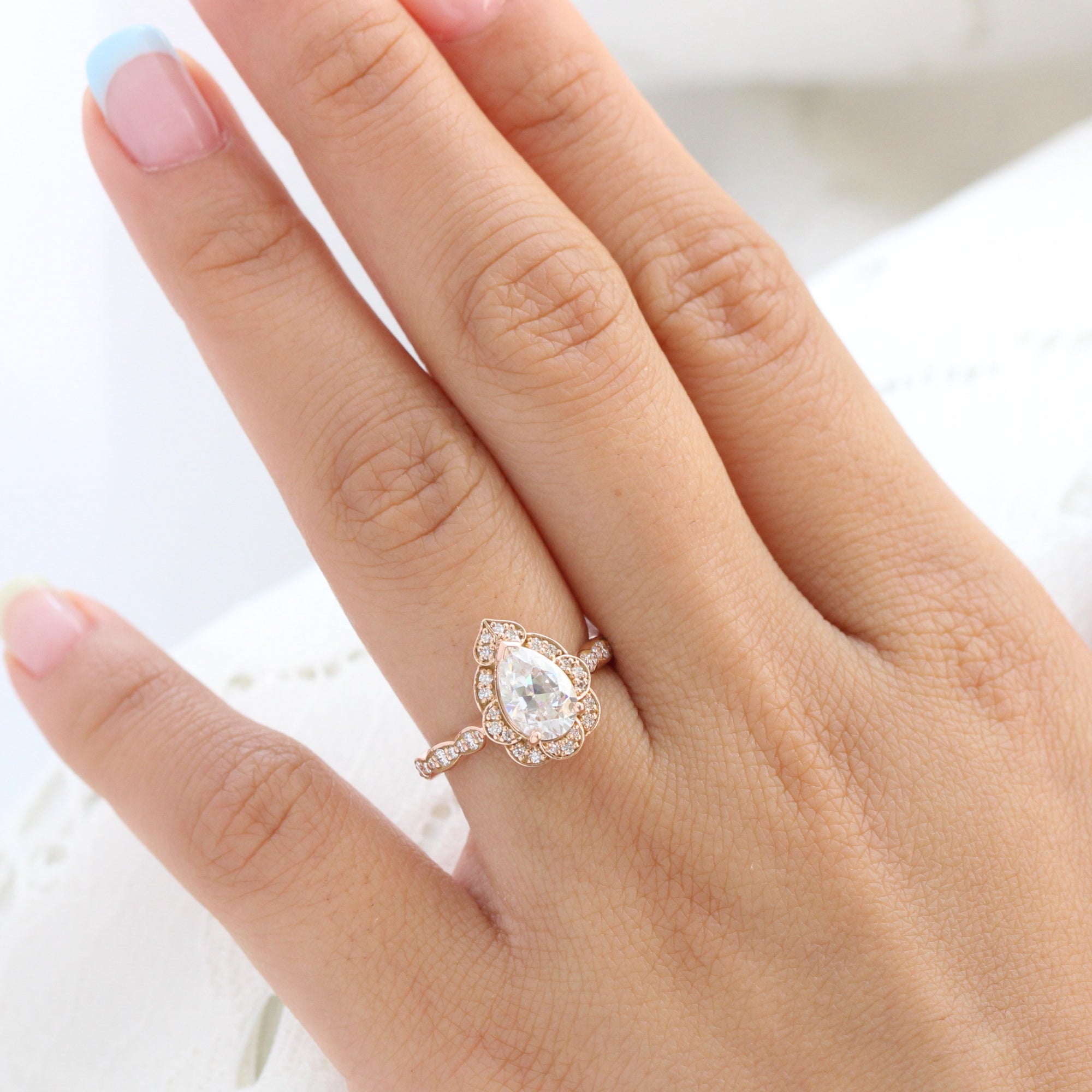 pear moissanite engagement ring rose gold vintage halo diamond ring la more design jewelry