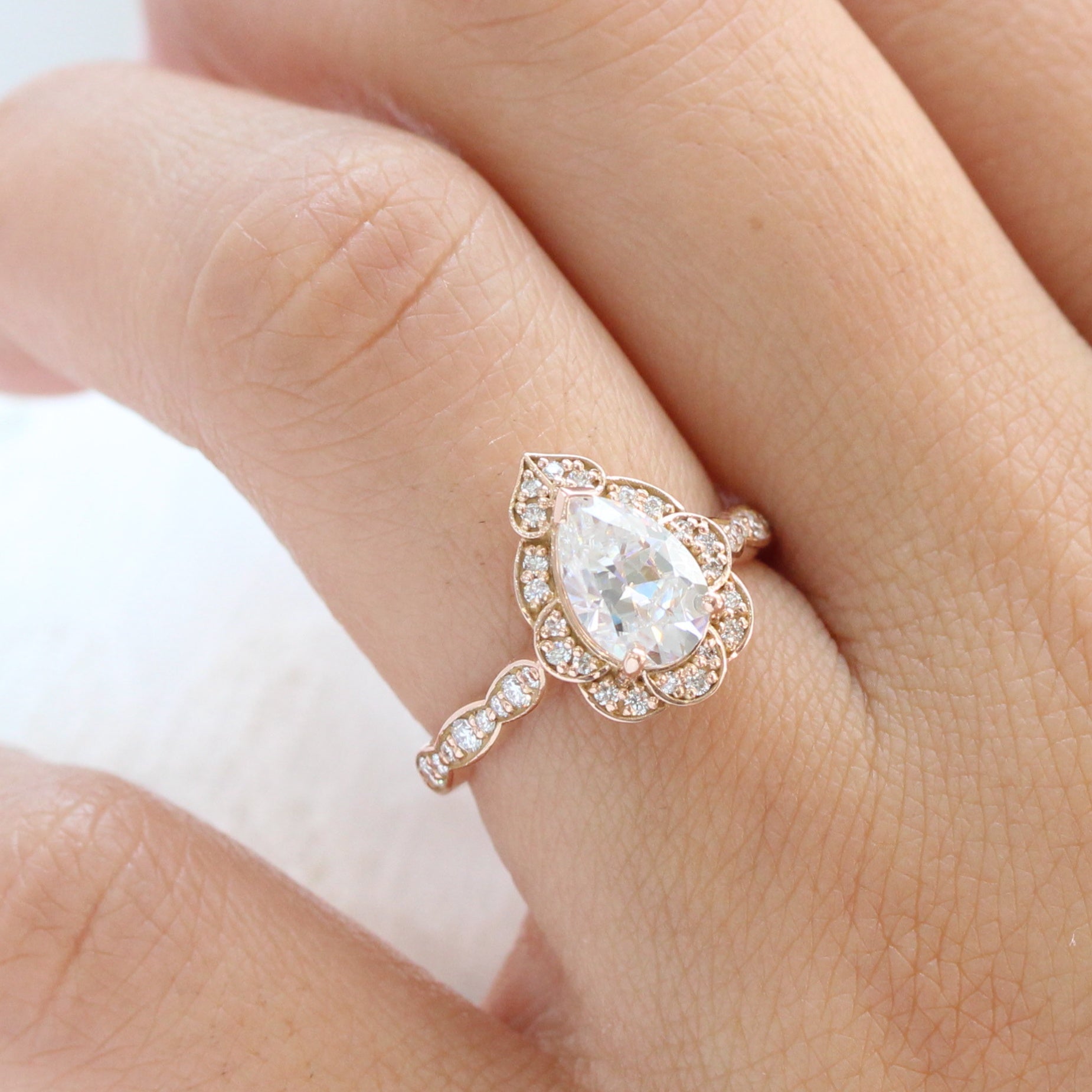 pear moissanite engagement ring rose gold vintage halo diamond ring la more design jewelry