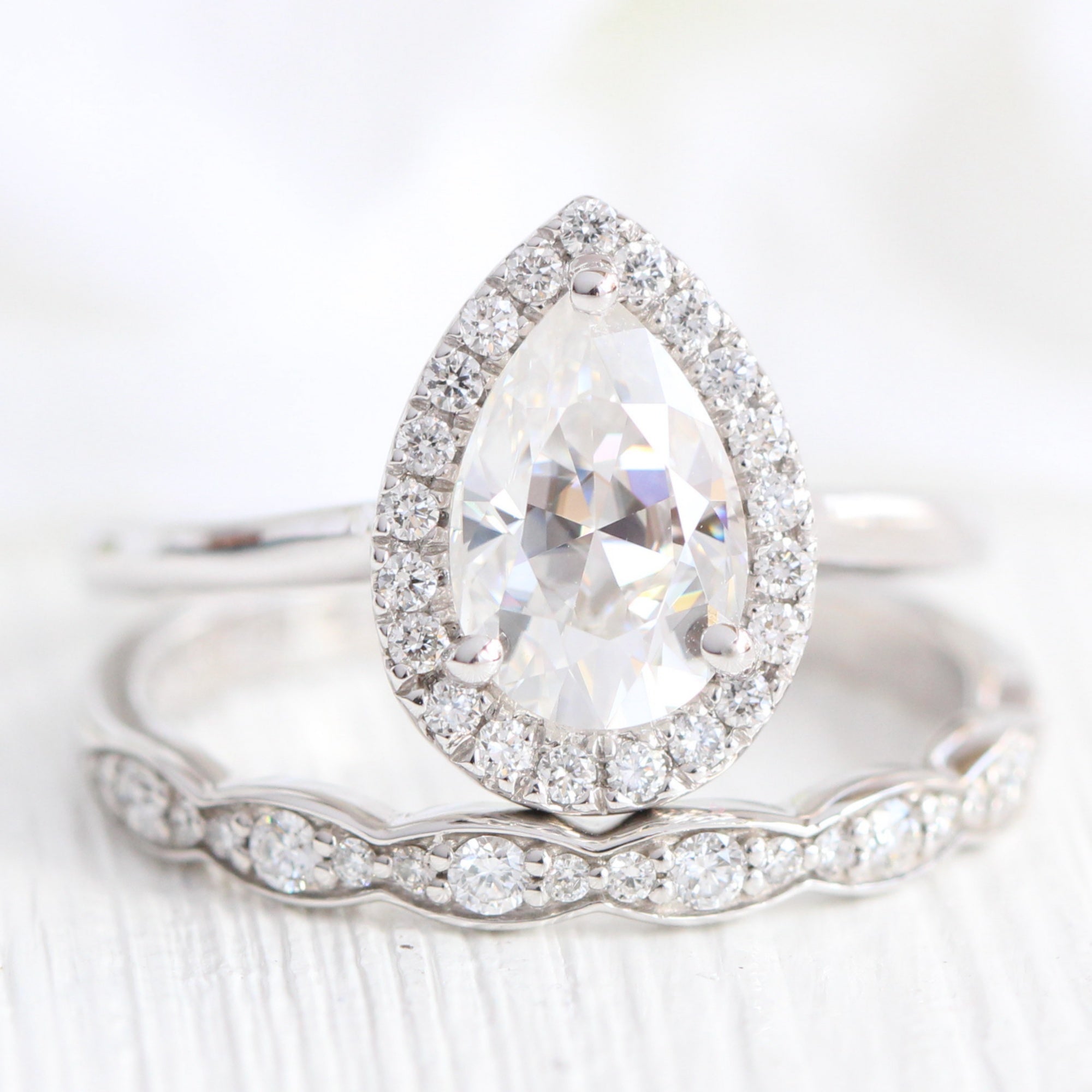 pear moissanite ring rose gold halo diamond wedding ring stack la more design jewelry