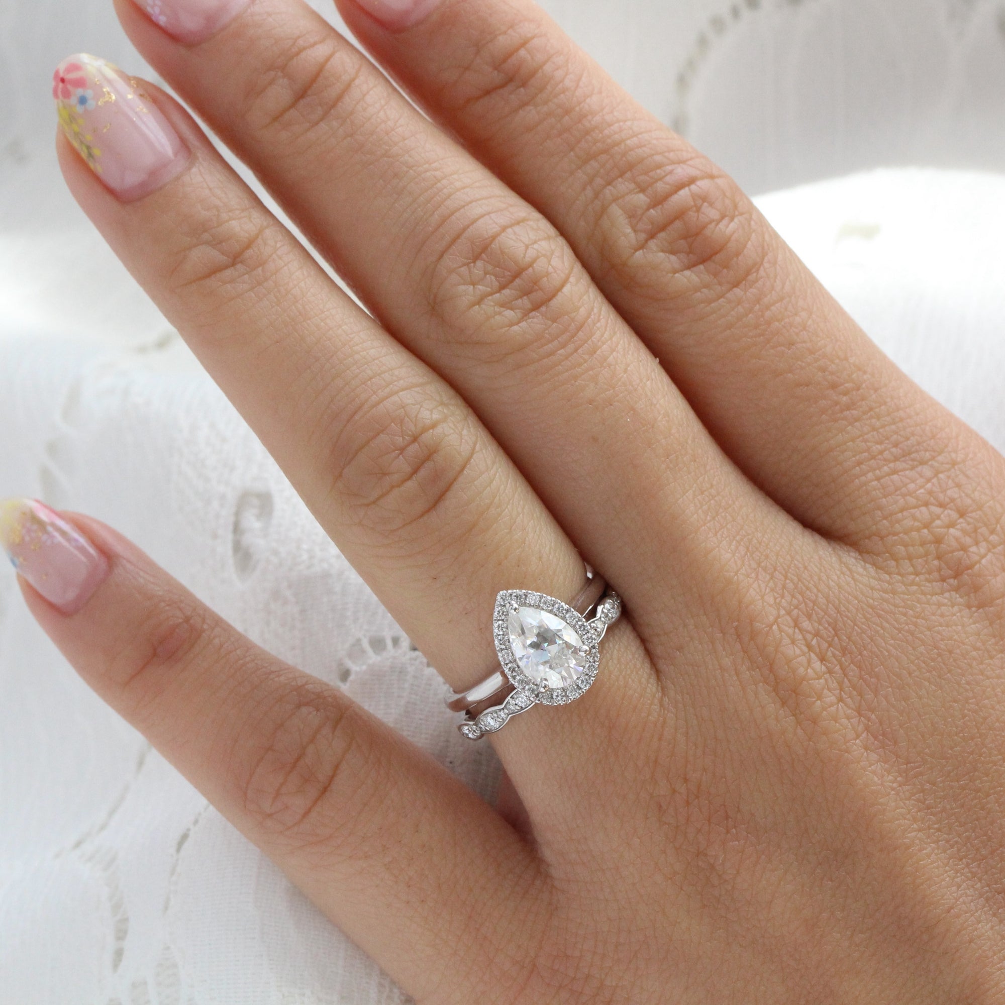 pear moissanite ring rose gold halo diamond wedding ring stack la more design jewelry