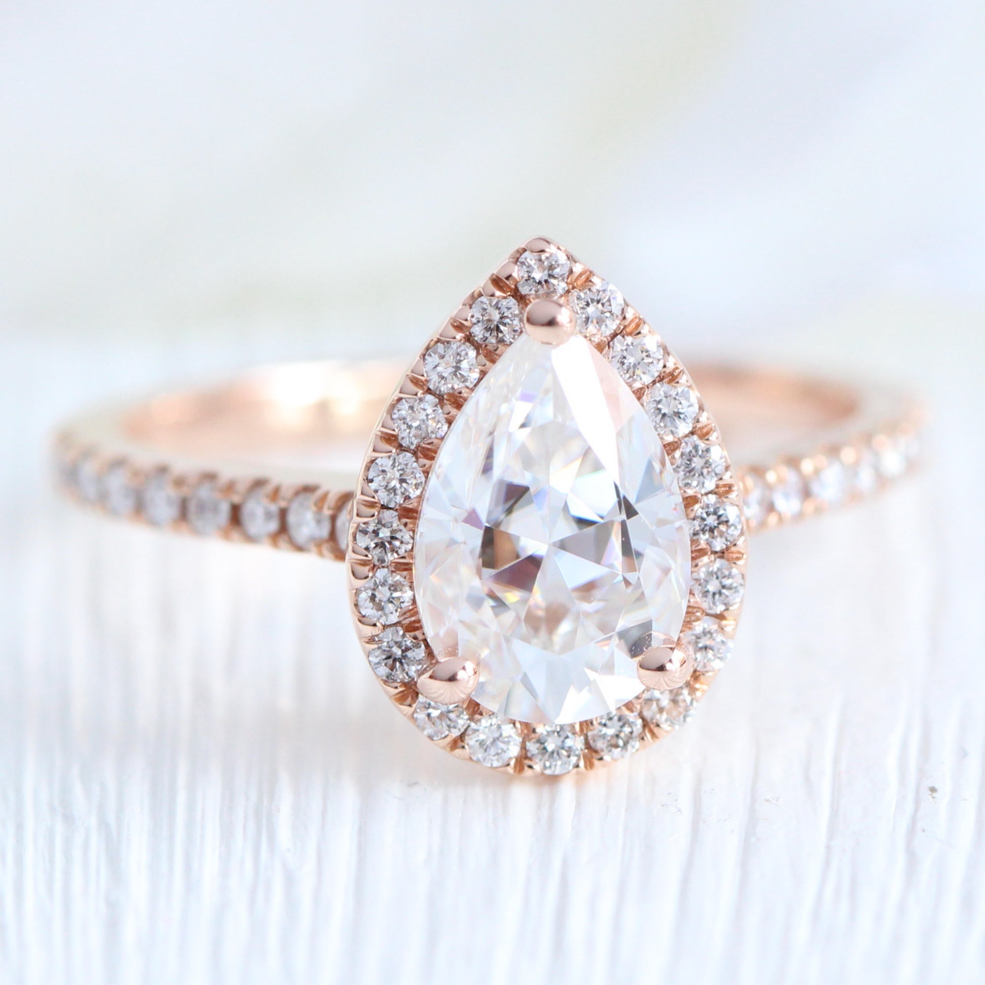pear moissanite ring rose gold halo engagement ring la more design jewelry