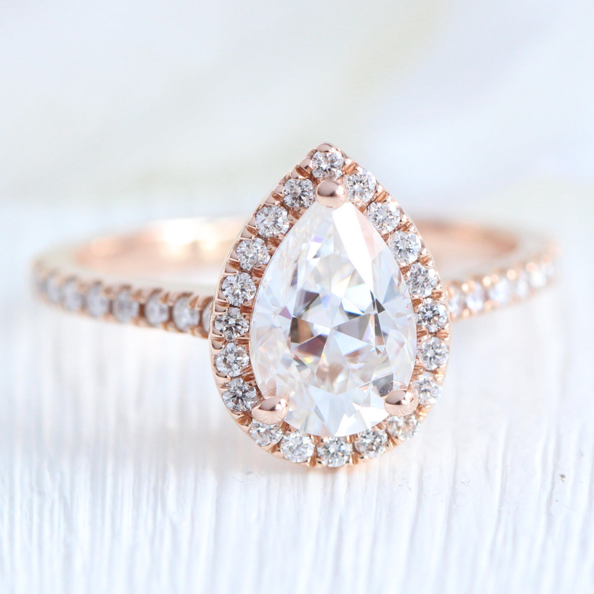 pear moissanite ring rose gold halo engagement ring la more design jewelry