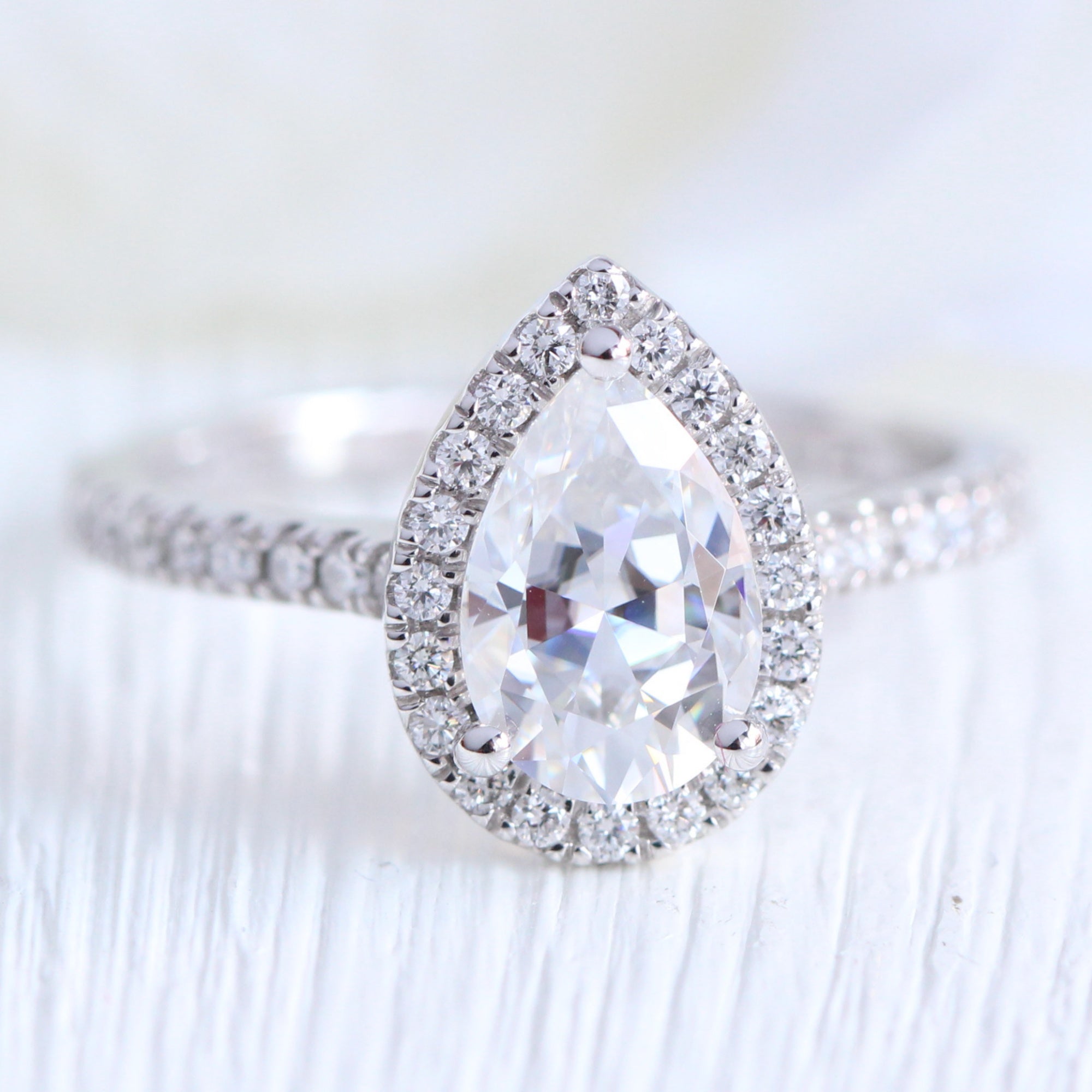pear moissanite ring white gold halo engagement ring la more design jewelry