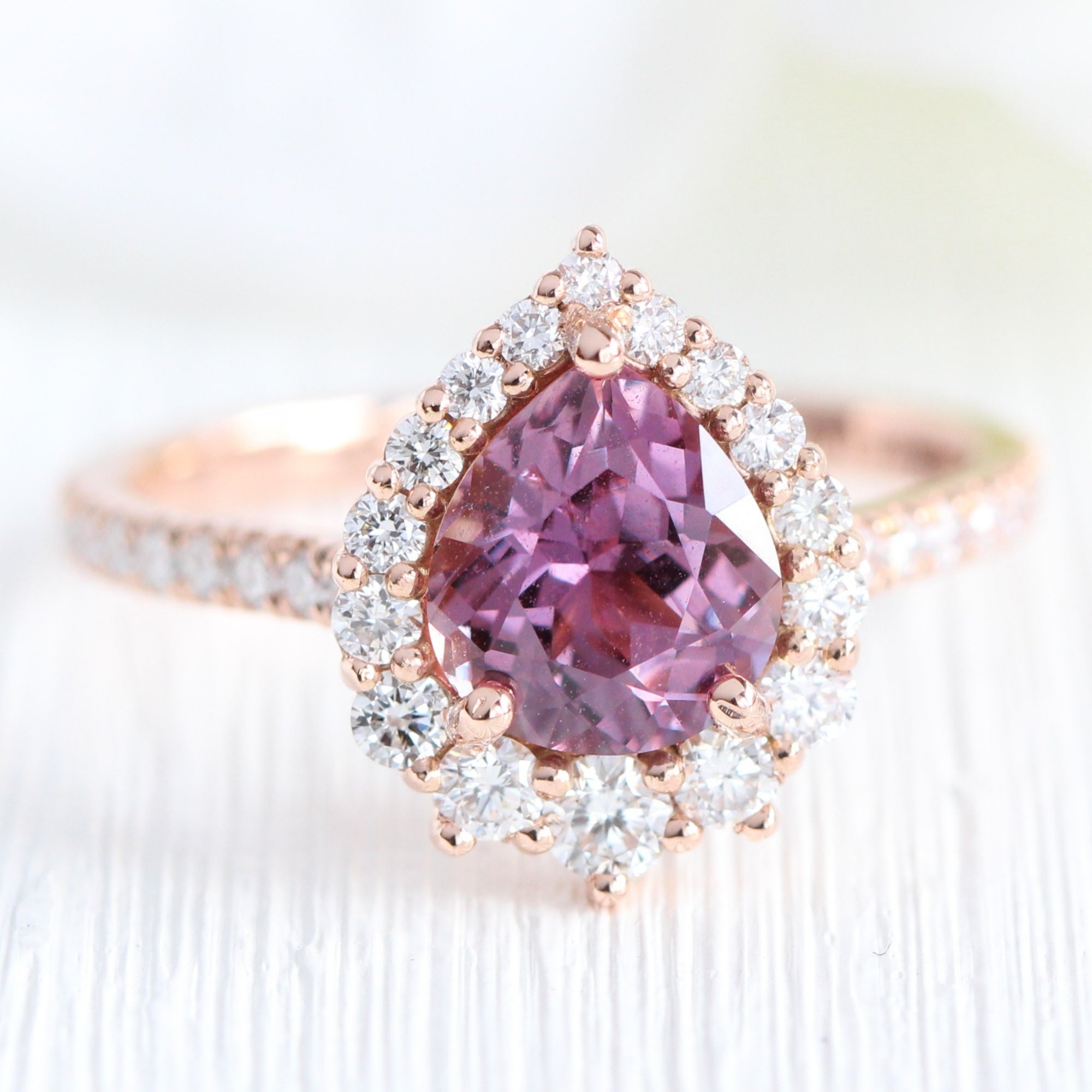 pear pink purple sapphire ring rose gold halo diamond ring pave diamond band la more design jewelry