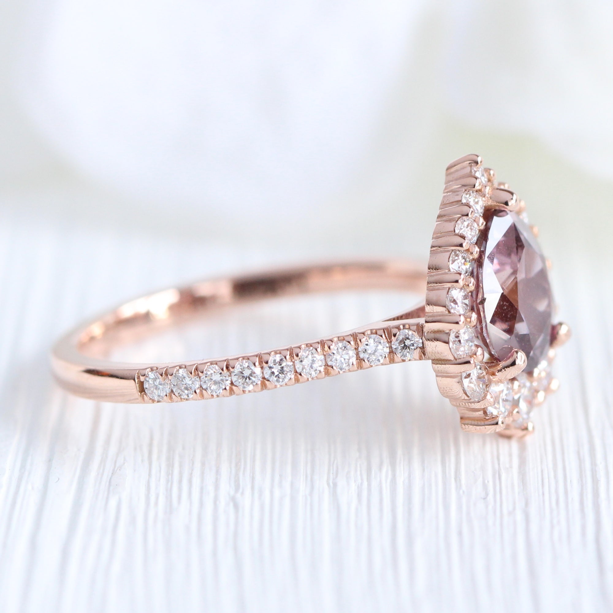 pear pink purple sapphire ring rose gold halo diamond ring pave diamond band la more design jewelry