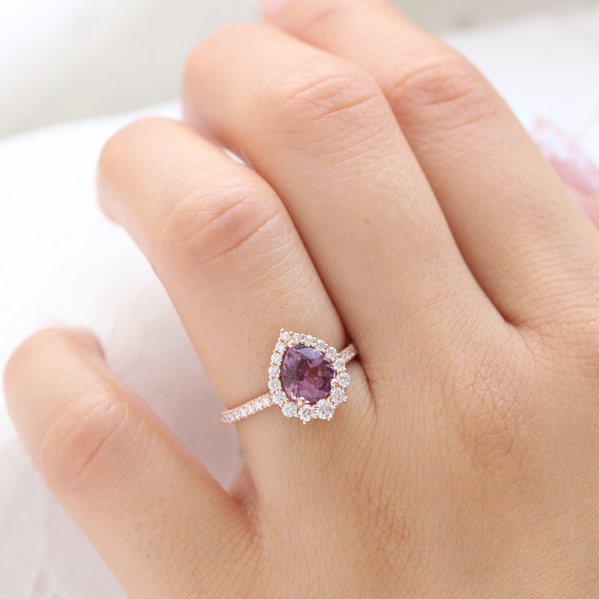 pear pink purple sapphire ring rose gold halo diamond ring pave diamond band la more design jewelry