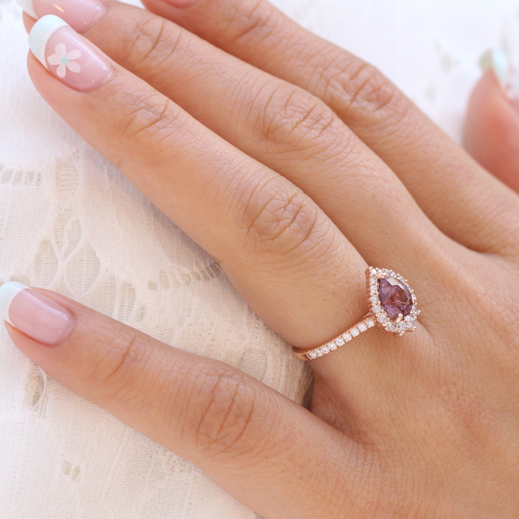 pear pink purple sapphire ring rose gold halo diamond ring pave diamond band la more design jewelry